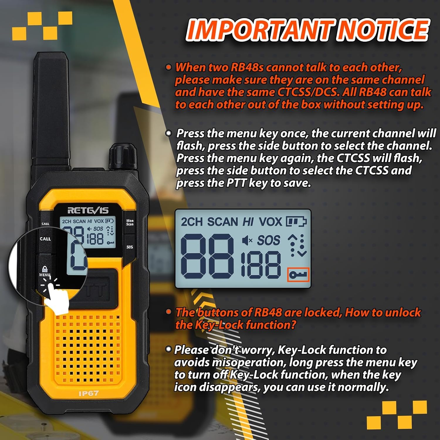 Retevis RB48 Waterproof Walkie Talkies, Heavy Duty Two Way Radio, Advanced Triple Proof, Vibration Call, USB-C, SOS,2000mAh, NOAA, 2 Way Radio(2 Pack) Yellow