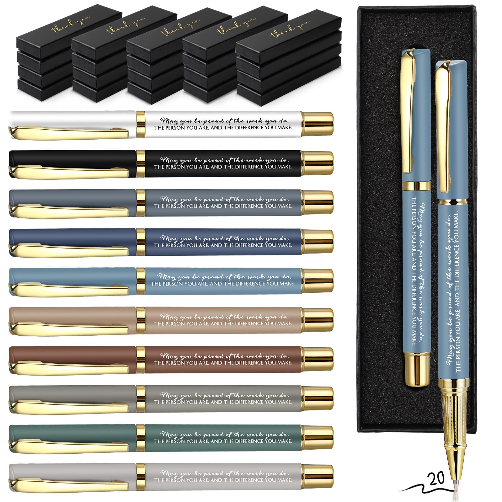 PerKoop 20 Sets Thank You Gifts Inspirational Ballpoint Pen with Boxes Motivational Quote Pen Bulk Appreciation Gift for Employee Volunteer Teacher Nurse Assistant Secretary(Modern Colors,May You)