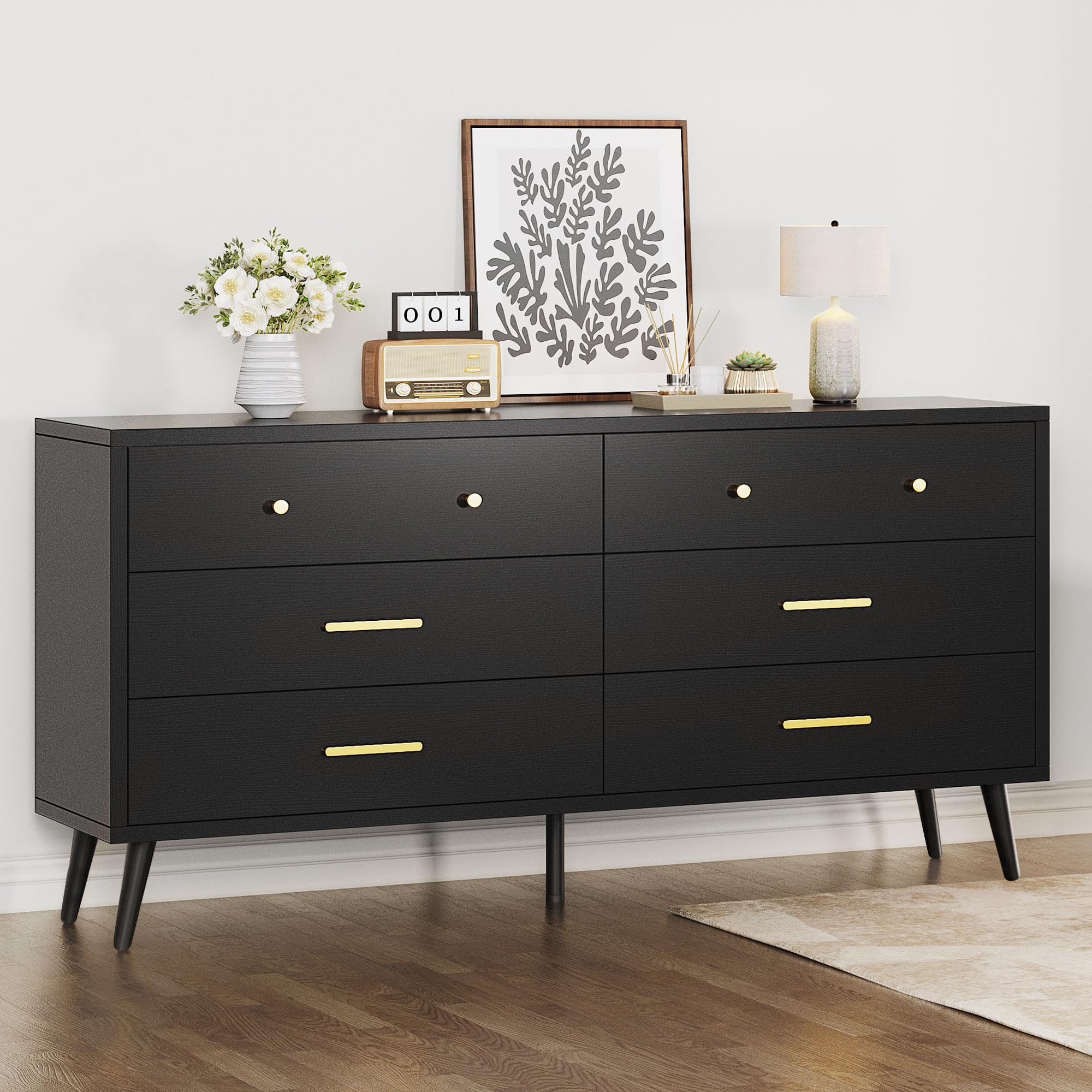 DWVO Black 6-Drawer Dresser with Black Metal Handles, Anti-Tip Design, and Double Storage Cabinet for Entryway - 15.7" D x 55.1" W x 31.1" H