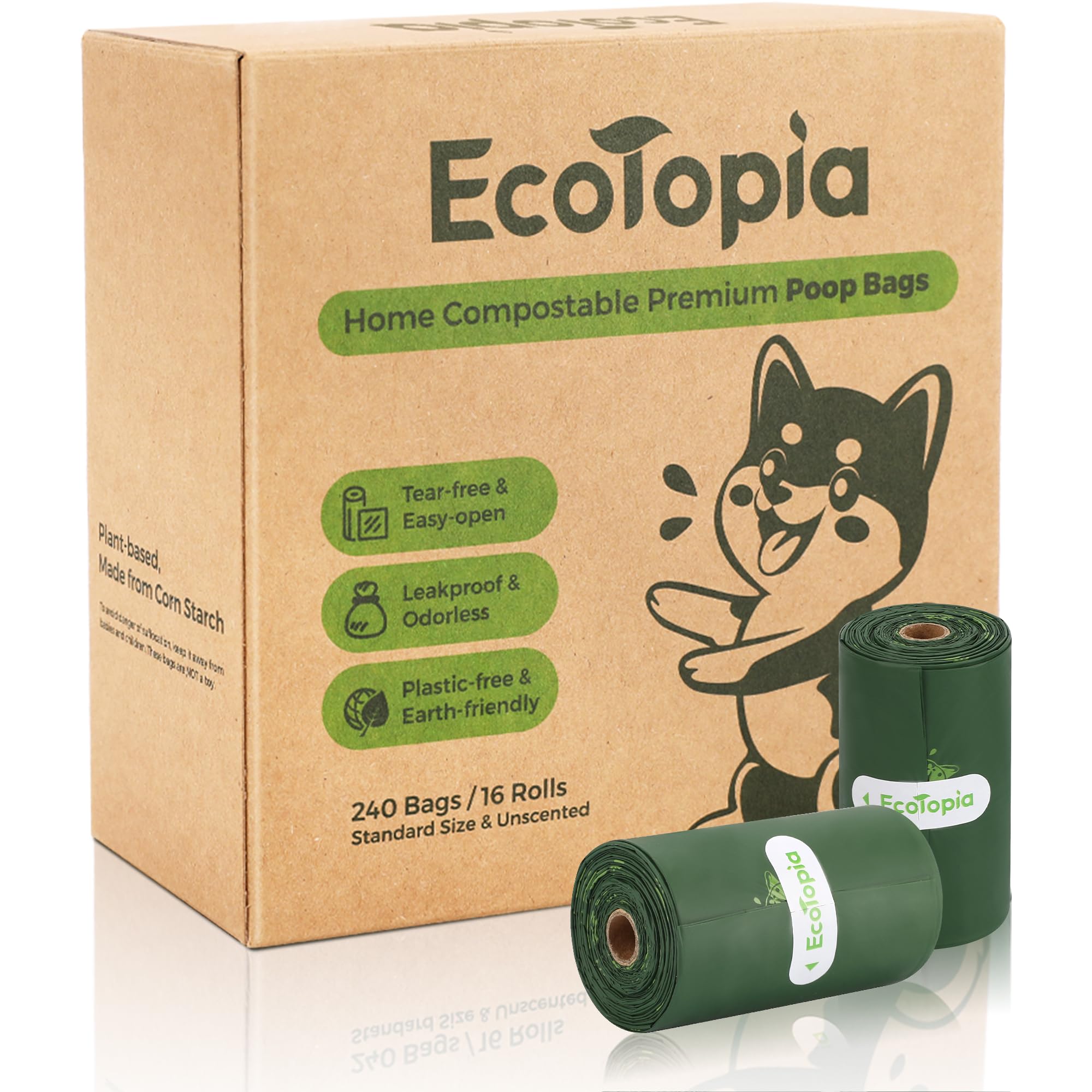 Tear-Free Dog Poop Bags Rolls and Recyclable Poop Bags Dispenser, ASTM D6400 & EN 13432 Compliant Dog Waste Bags,Extra Thick&Leakproof,240Bags,Dark Green