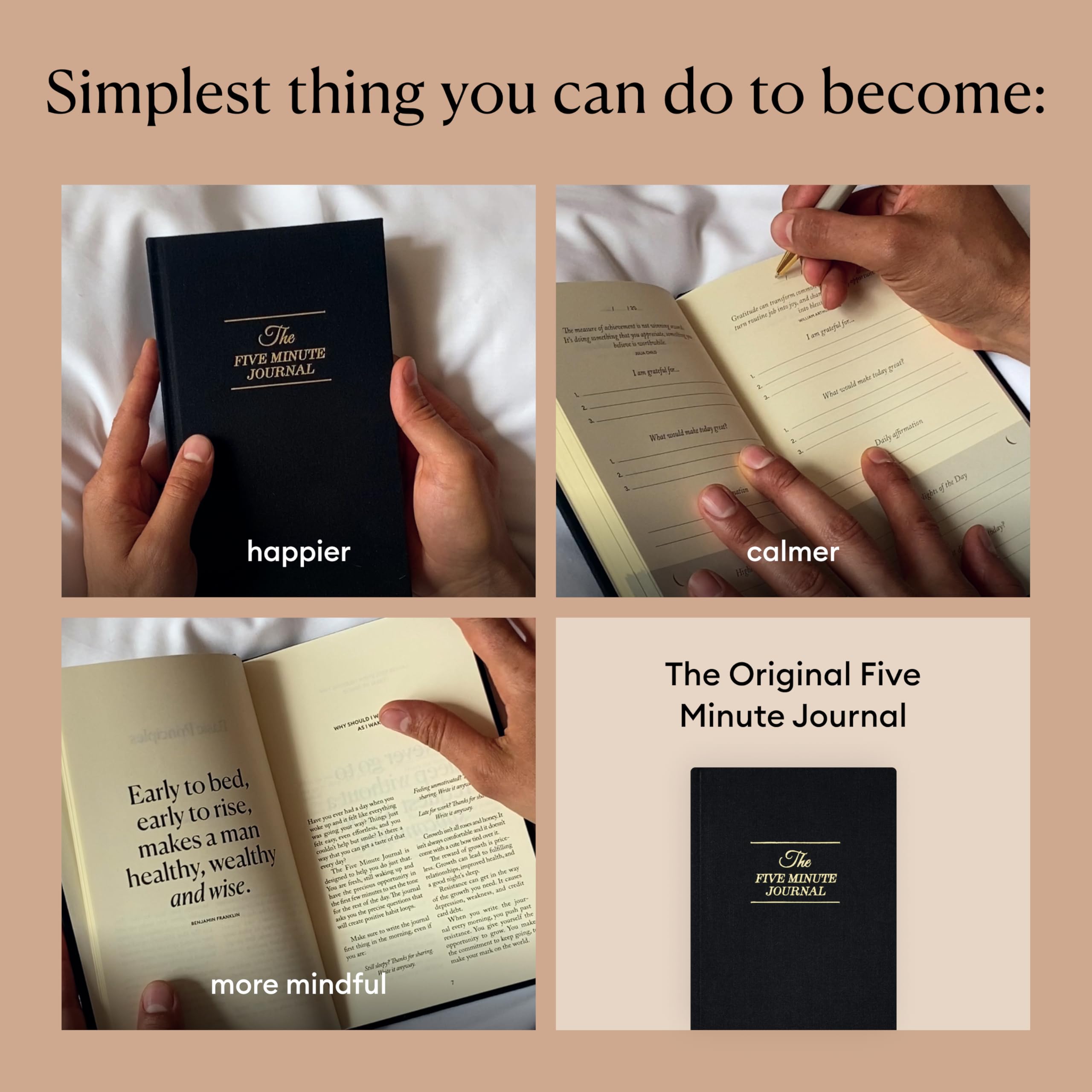 Intelligent Change The Five Minute Journal, Original Daily Gratitude Journal 2025, Reflection & Manifestation Journal for Mindfulness, Undated Daily Journal with Gold Foiling, Plastic-Free, Black