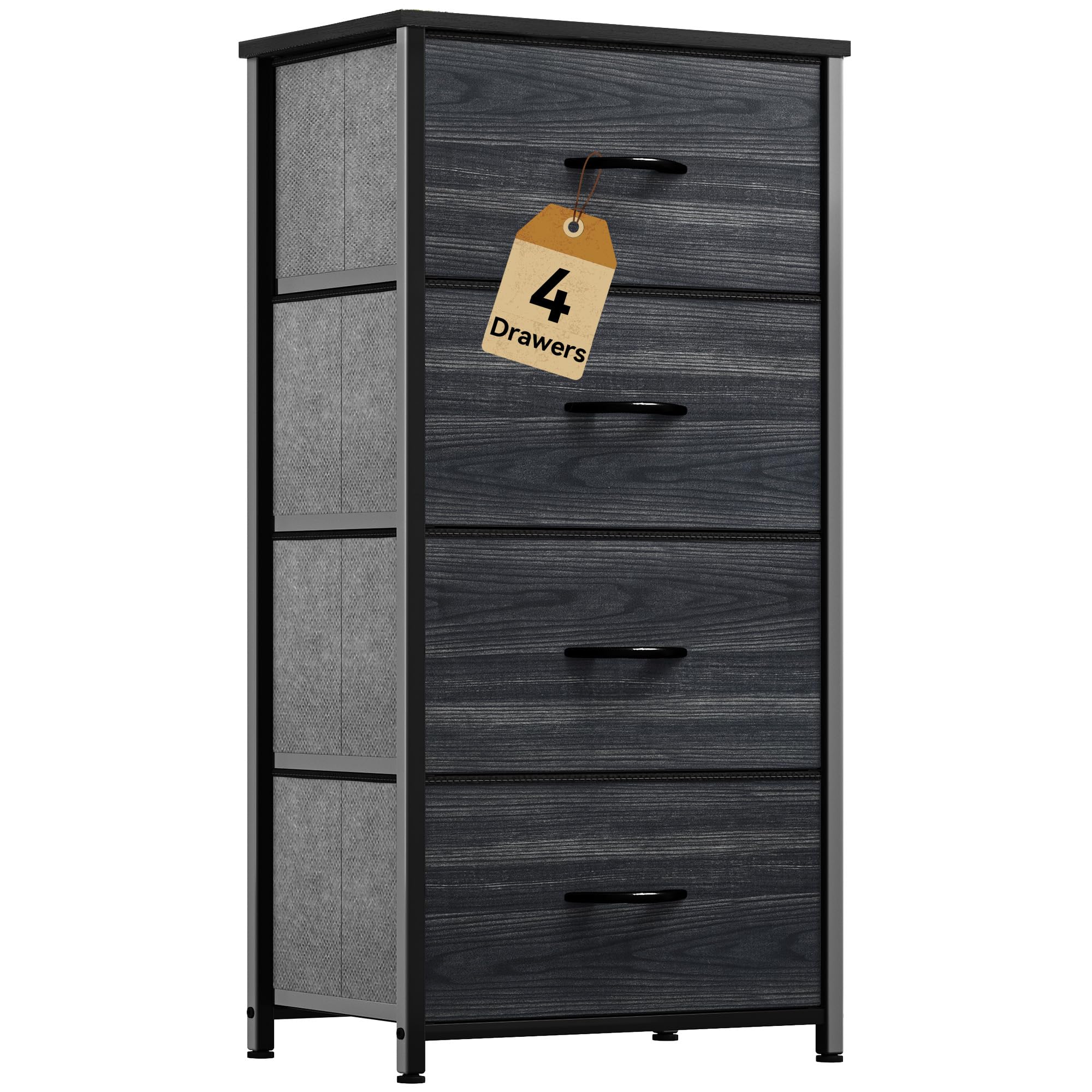 DWVO 4 Drawers Dresser, Dresser for Bedroom, Fabric Storage Tower, Chest of Drawers, Organizer Unit for Closets, Living Room, Sturdy Steel Frame, Wooden Top, Easy Pull Fabric Bins, Black Wood Grain