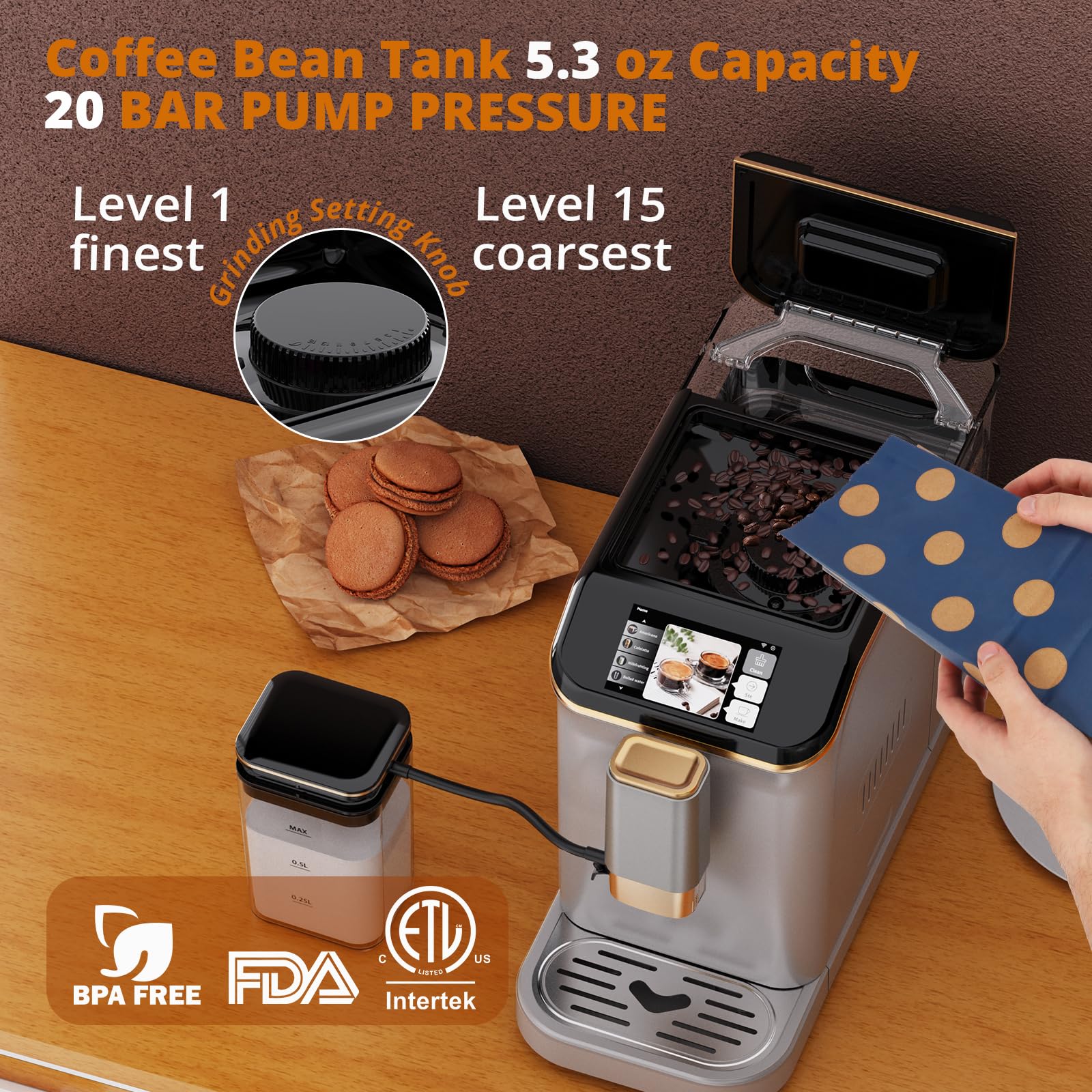 Garveehome Fully Automatic Espresso Coffee Machine with Milk Frother, 20 Bar Pressure, 15 Adjustable Grind Levels, 8-In-1 Coffee Maker with TFT Touchscreen, Removable Water Tank Cappuccino Latte Maker