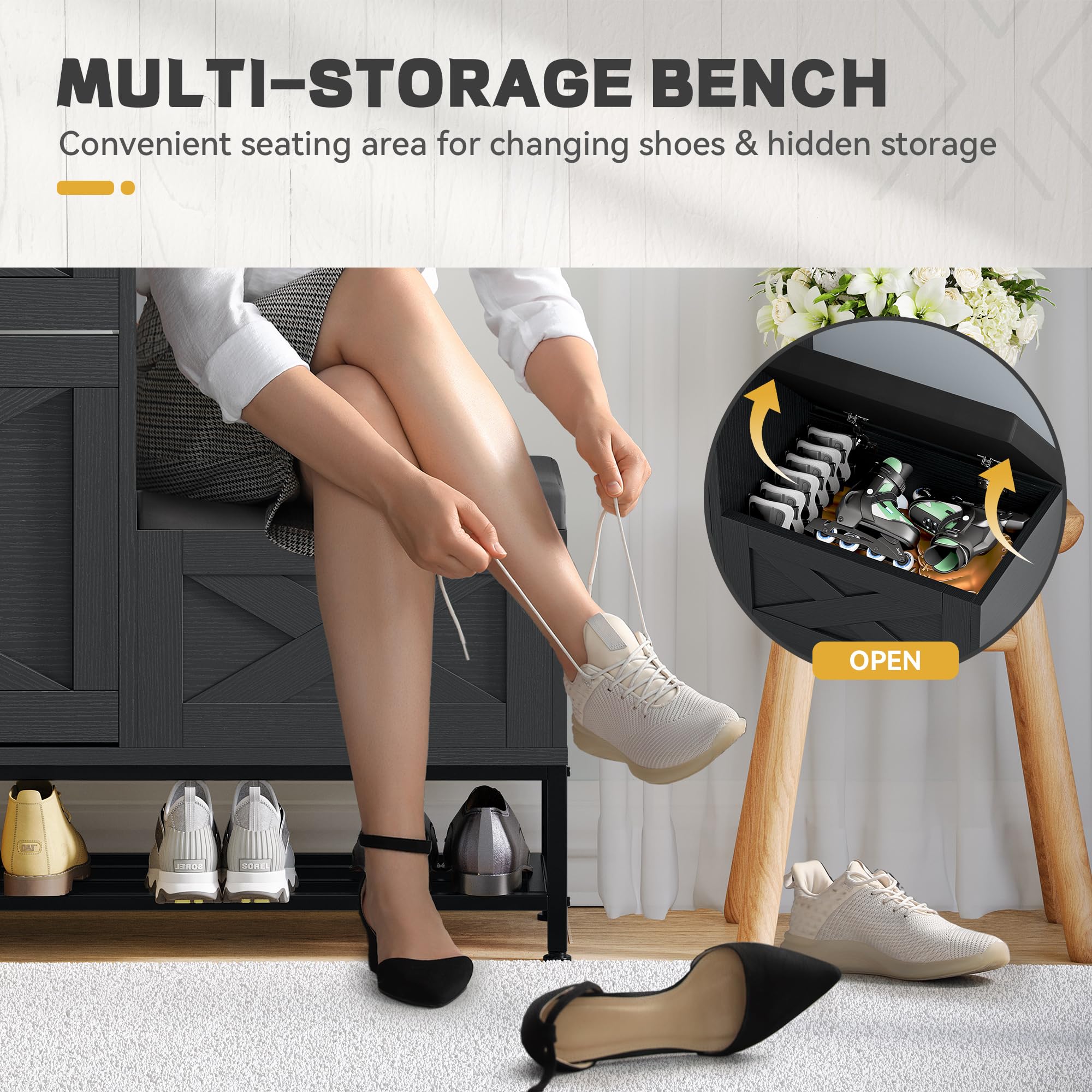 DWVO Farmhouse Shoe Cabinet Bench with 2 Flip Drawers for 16 Pairs, Chic Entryway Bench and Rustic Design for Living Rooms and Hallways (Black)