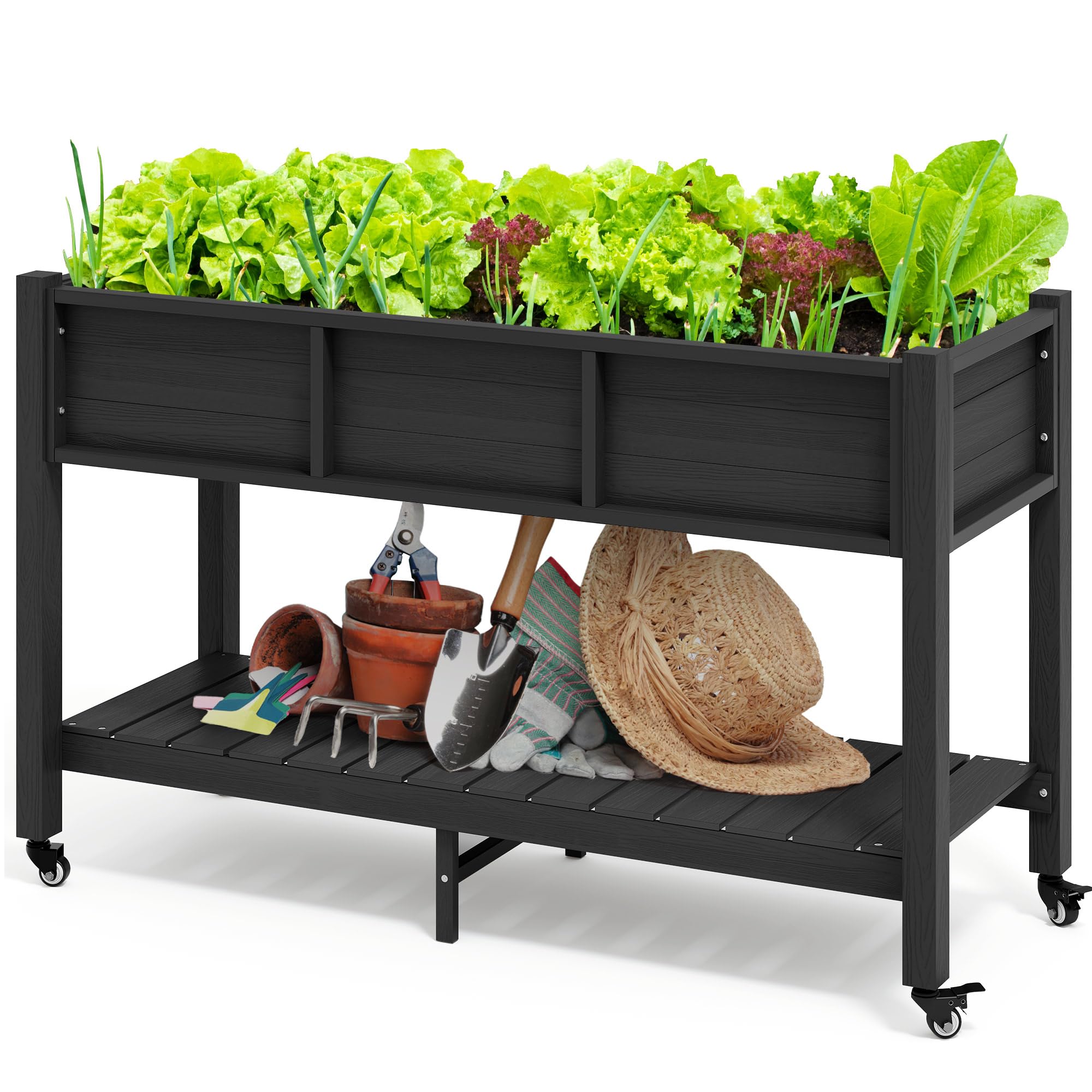 DWVO 47x18x31in Raised Garden Bed, Double Tier Planters with Wheels, Mobile Garden Planter Box for Outdoor/Indoor, Heavy Duty Casters with Brakes, HIPS Poly Wood, Black