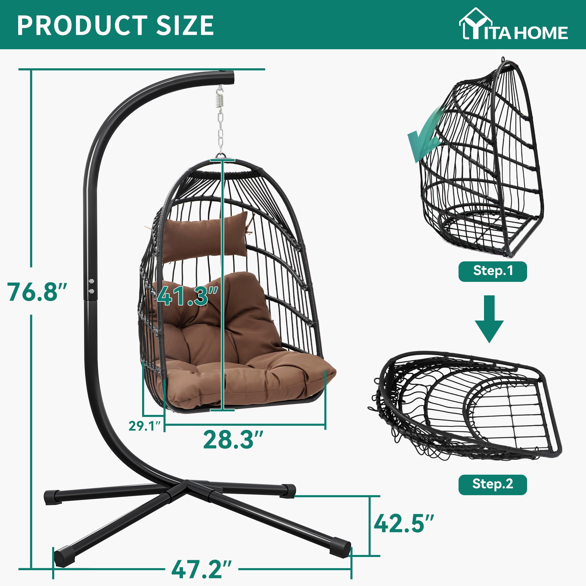 YITAHOME Hanging Egg Swing Chair Outdoor Wicker Hammock Chairs Indoor with Steel Stand UV Resistant Cushion 350lbs for Patio, Bedroom, Garden and Balcony, Brown