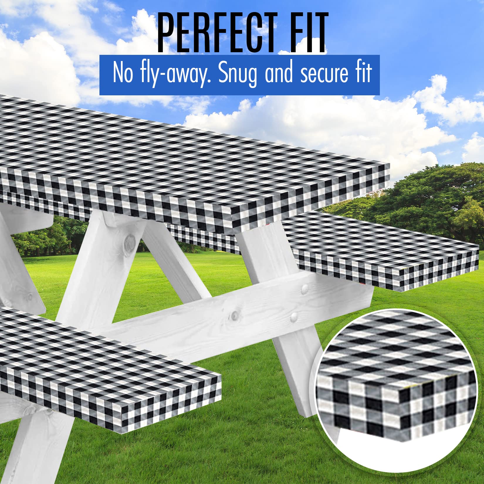 Premium Picnic Table Cover with Bench Covers Vinyl Fitted picnic table covers with Elastic RV Camping Accessories and Camper must haves Waterproof (Black Gingham, 96 x 30(8ft)) with skewers