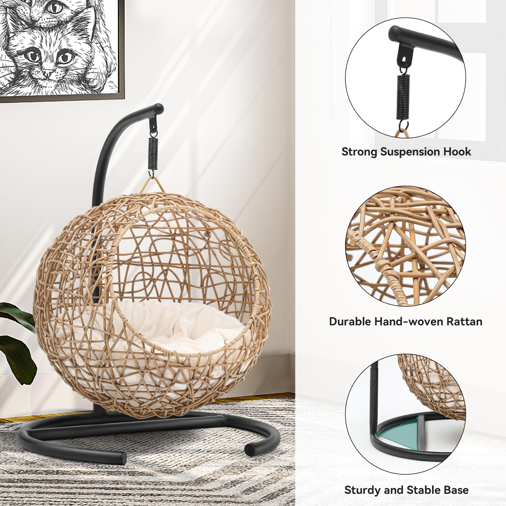 YITAHOME Cat Swing Bed with Stand & Cushion, Cat Egg Chair with Rattan Wicker Appearance, Indoor Hanging Swinging Cat Bed for Cats, Small Dogs, and Small Animals, Orange