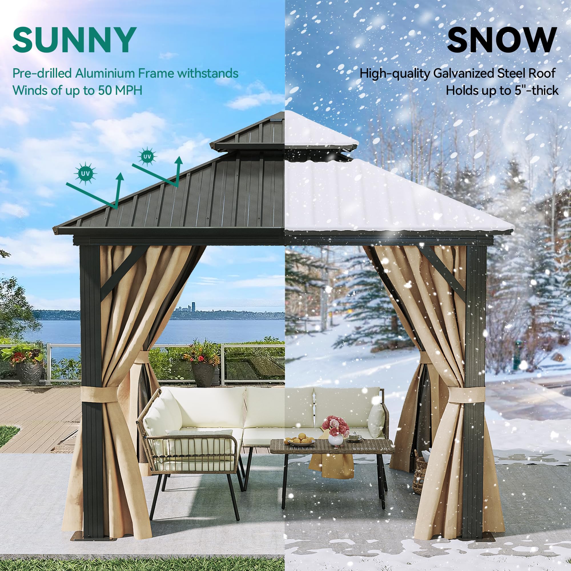 YITAHOME 10x10ft Gazebo Double Roof Hardtop with Nettings and Curtains, Heavy Duty Galvanized Steel Outdoor Vertical Stripes Roof for Patio, Backyard, Deck, Lawns, Brown