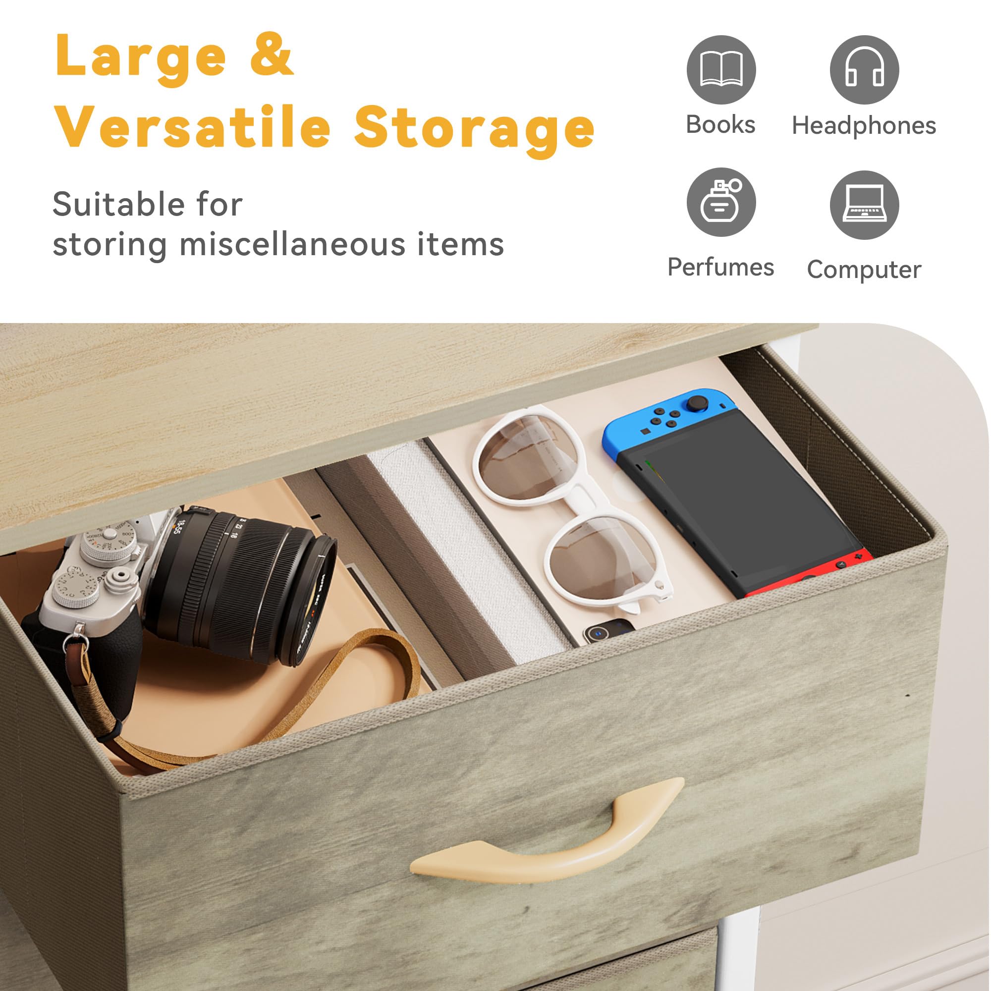 DWVO Wide Chest of Drawers, Dresser with 5 Drawers, Oak Grain Fabric Storage Tower, Dresser for Room with 5 Drawers, Living Room, Closets - Sturdy Steel Frame, Wooden Top