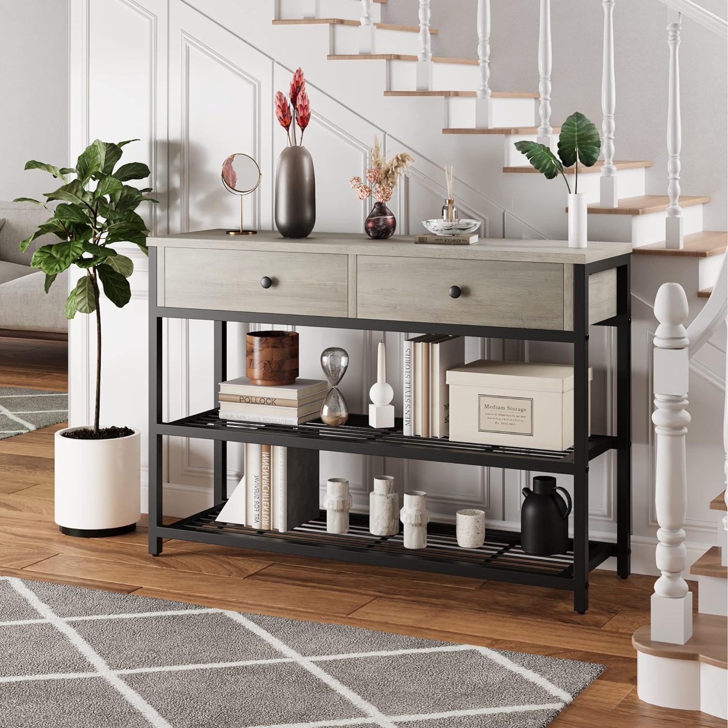 GarveeHome Console Table with 2 Drawers, Sofa Table with 2 Tiers Metal Mesh Open Storage Shelf, Narrow Long Entryway Table for Living Room, Hallway and Foyer, Grey