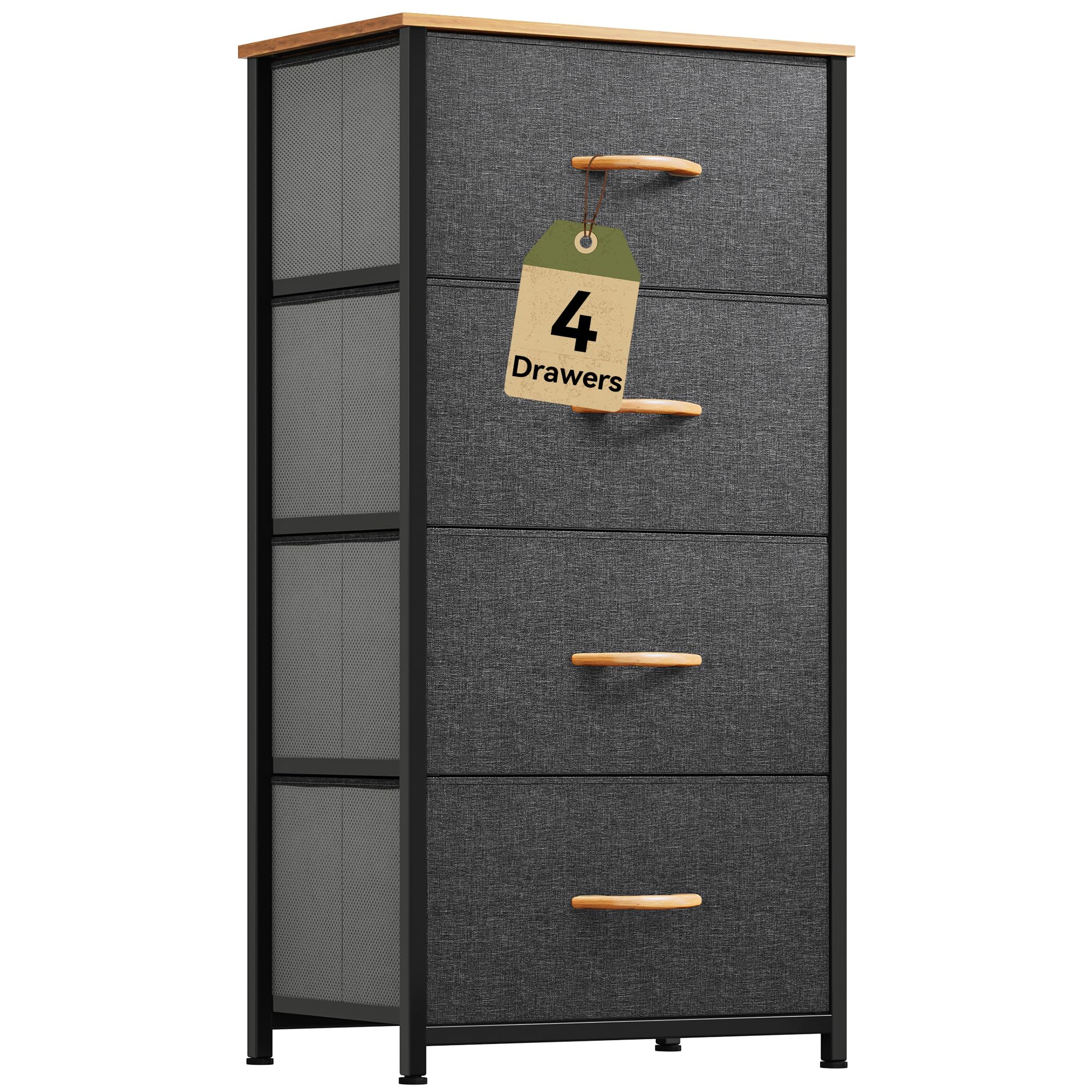 DWVO 4 Drawers Dresser, Small Dresser, Fabric Storage Tower, Chest of Drawers, Organizer Unit for Closets, Living Room, Sturdy Steel Frame, Wooden Top, Easy Pull Handle