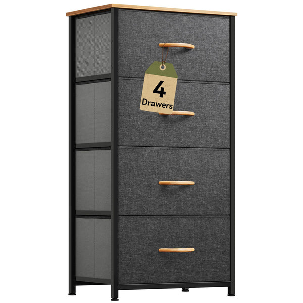 DWVO 4 Drawers Dresser, Small Dresser, Fabric Storage Tower, Chest of Drawers, Organizer Unit for Closets, Living Room, Sturdy Steel Frame, Wooden Top, Easy Pull Handle