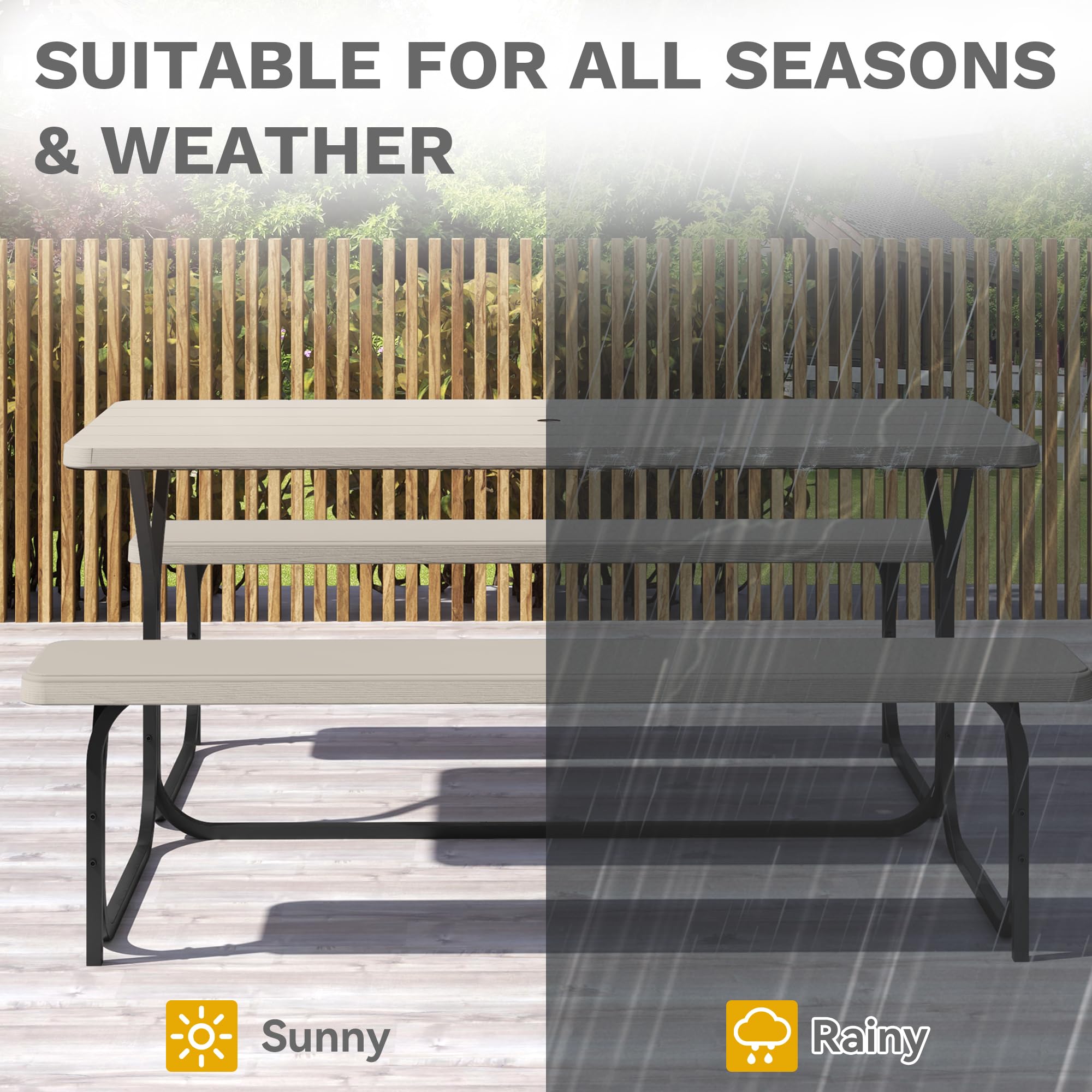 DWVO 6FT Picnic Table, Heavy Duty Outdoor Picnic Table and Bench w/Umbrella Hole, Resin Tabletop & Stable Steel Frame Ideal for Yard Patio Lawn Party, Light Brown