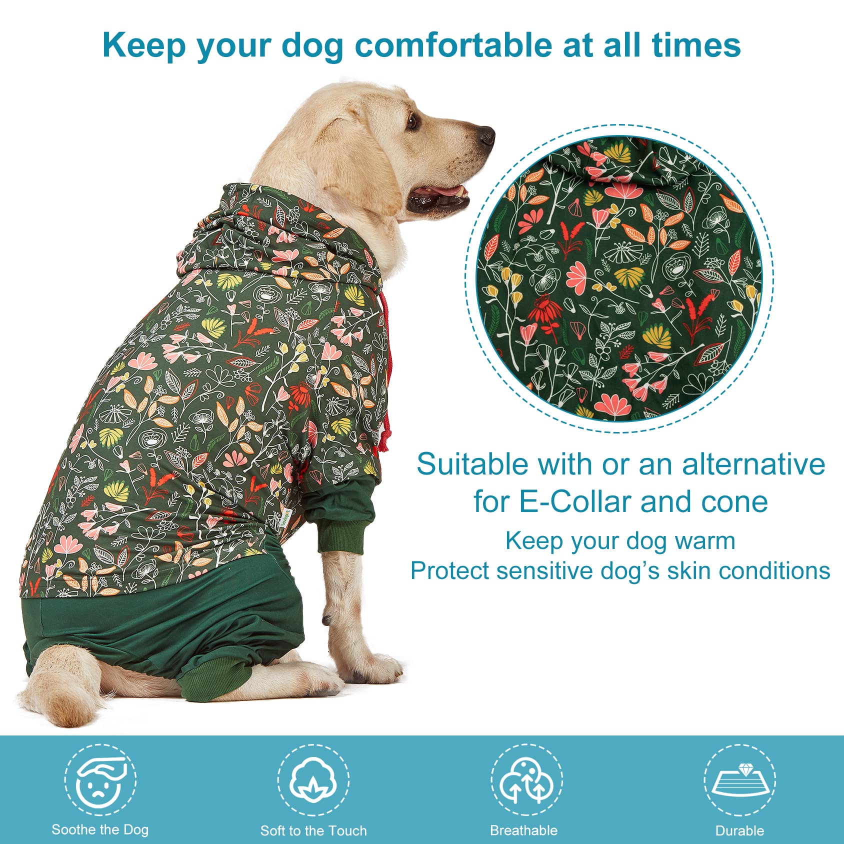 LovinPet Large Dog Onesies Big Pajamas: Wound Care/Post Surgery, Anxiety Relief, Lightweight Stretchy Fabric, Dog Pajamas,Dog Jammies, Reflective Stripe, Dew & Moss Dark Green Print, Pet PJ's /3XL