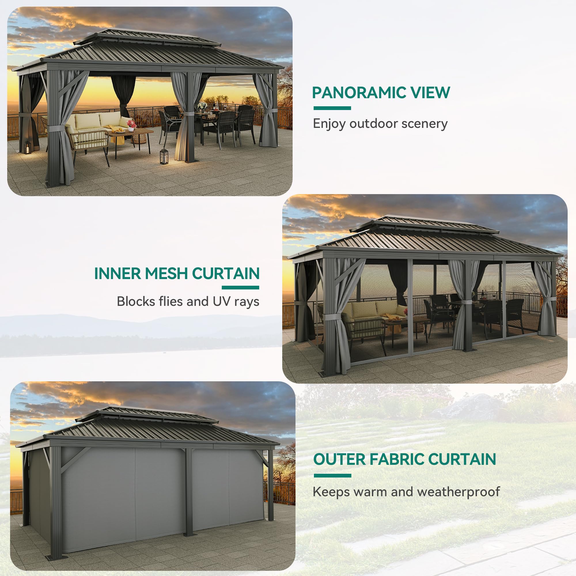 YITAHOME 12X20FT Hard Top Metal Gazebo Patios Double Roof Canopy Aluminum Frame Garden Gazebo Tent Curtains Netting for Patios Backyards Decks Lawns Gray