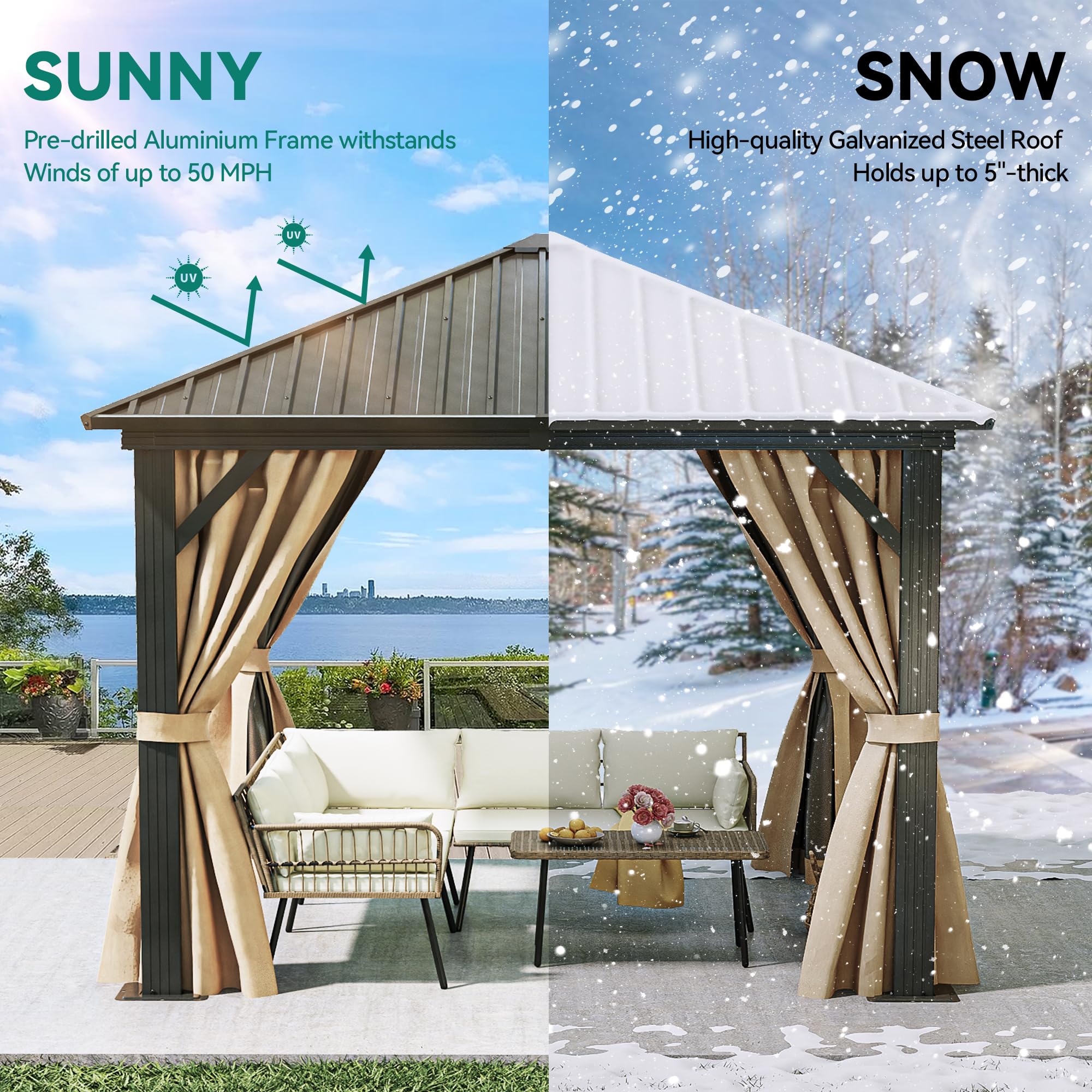 YITAHOME 10X10FT Metal Hardtop Gazebo Outdoor Patio Single Top Canopy Galvanized Iron Aluminum Column Garden Tent Curtains Netting for Backyards Decks Lawns,Brown