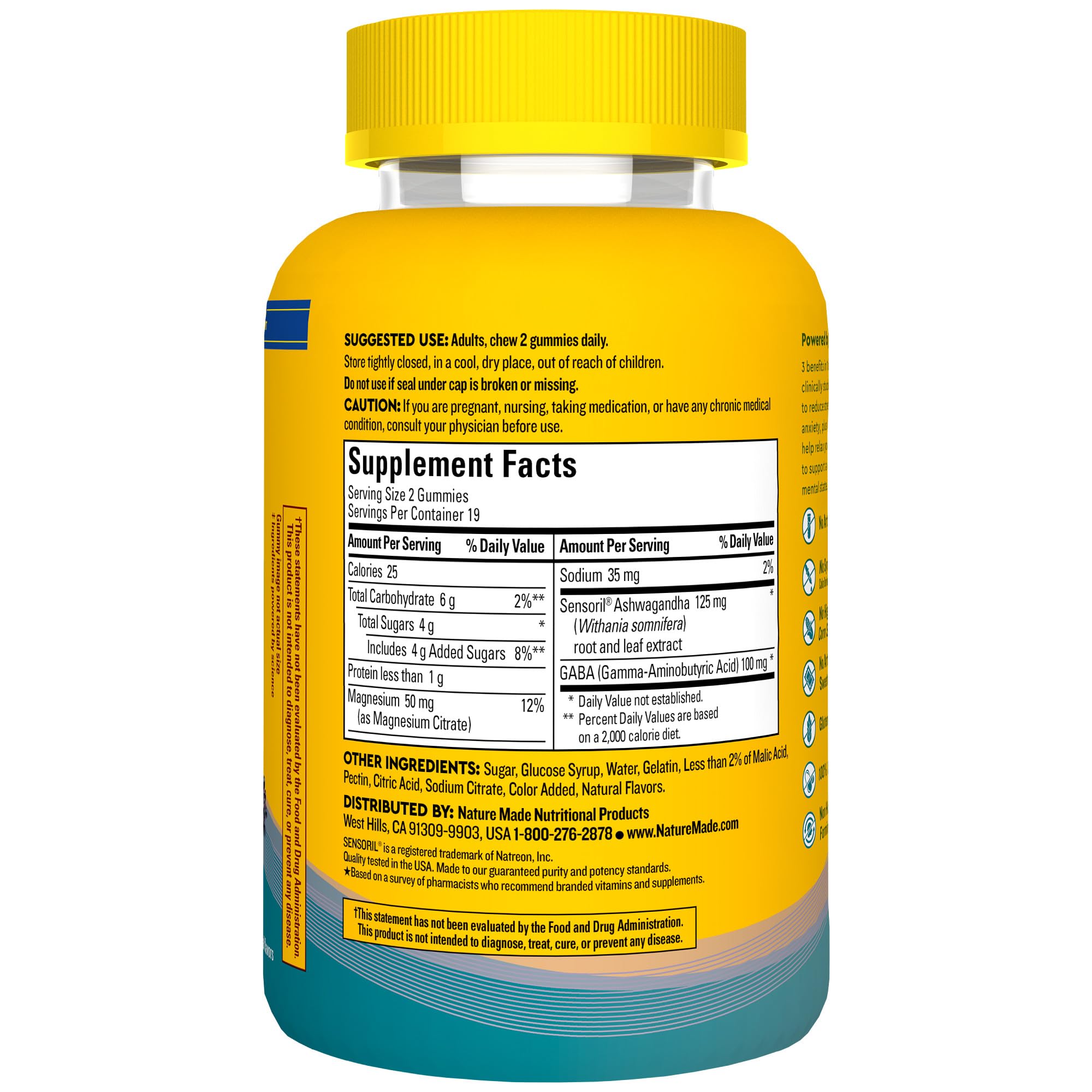 Nature Made Wellblends Calm Mind & Body, Magnesium Citrate, Ashwagandha 125mg & GABA 100mg Blend for Stress Relief, 38 Gummy Vitamins