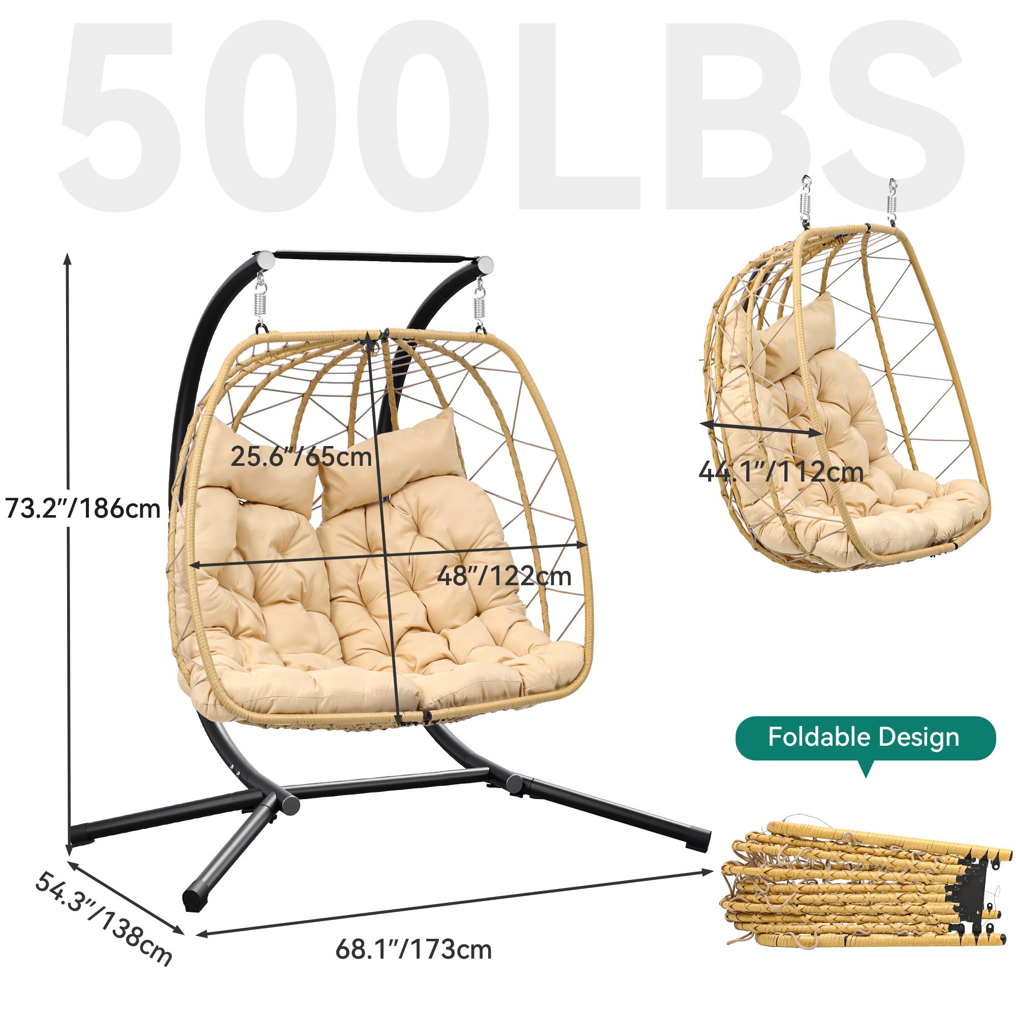 YITAHOME Patio Love Seats Chair with Stand Double Egg Chair, 2 Person Couple Wicker Rattan Chair Outdoor Egg Chair with Cushions 500lbs for Patio, Garden, Poolside and Balcony, Beige