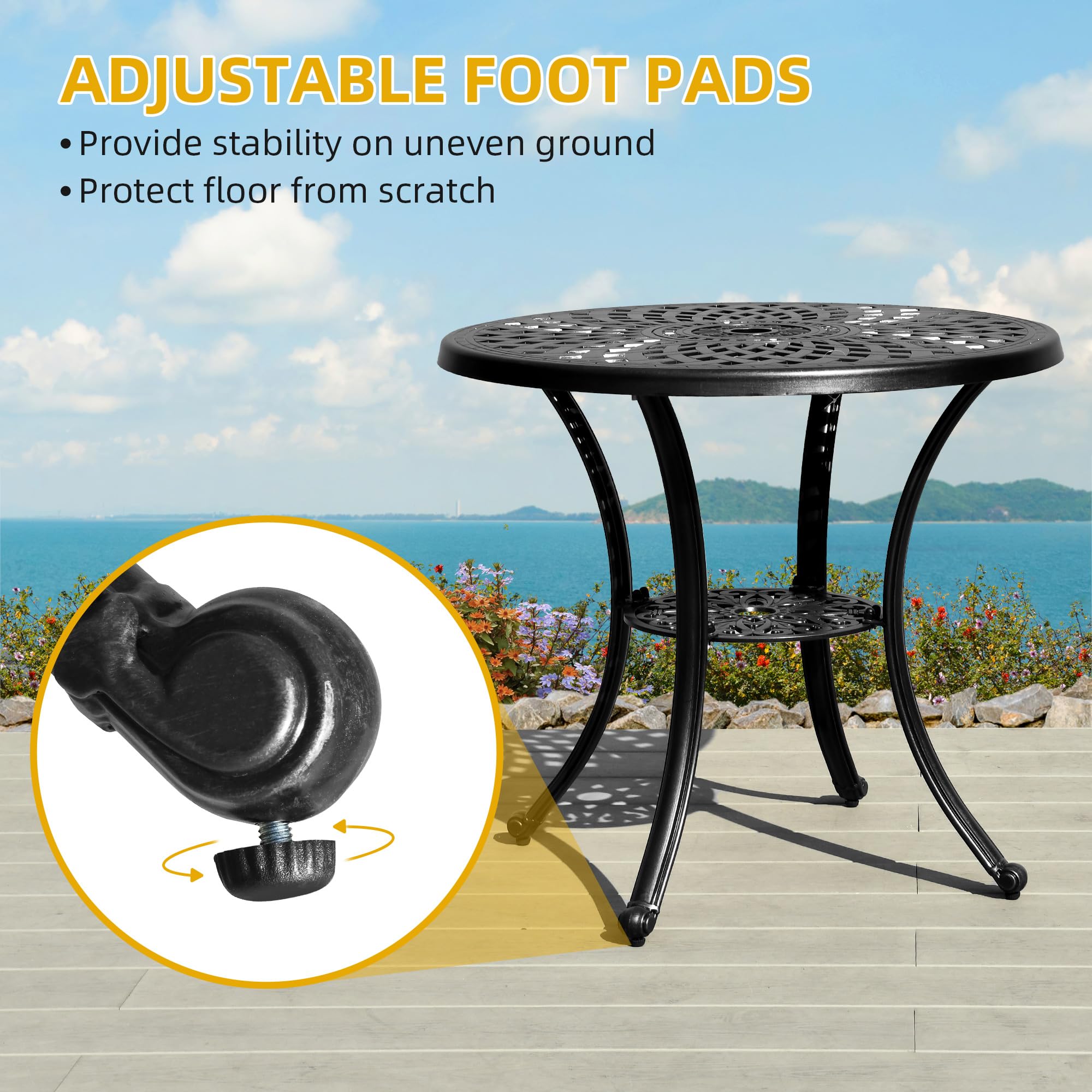 DWVO 5 Piece Outdoor Cast Aluminum Patio Dining Sets with 2 Chairs, 30 Inches Round Table with Umbrella Hole, All-Weather Patio Conversation Sets with Adjustable Feet for Balcony Backyard Garden