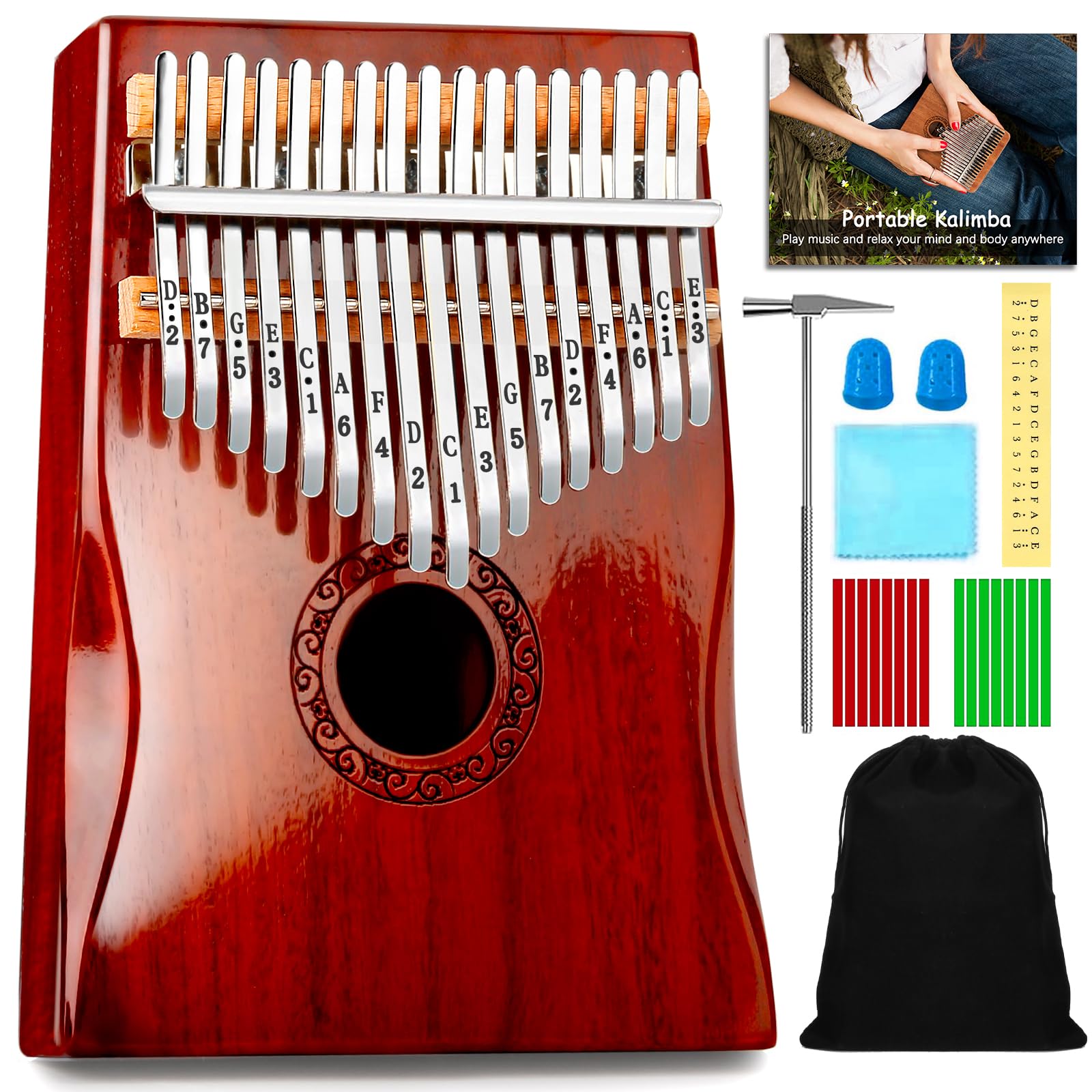 Kalimba Thumb Piano,YUNDIE Portable 17 Keys Mbira Finger Piano with Tune Hammer and Study Instruction,Musical Instruments Gift for Adult Beginners Professional(Brownish Red) (17 Keys)