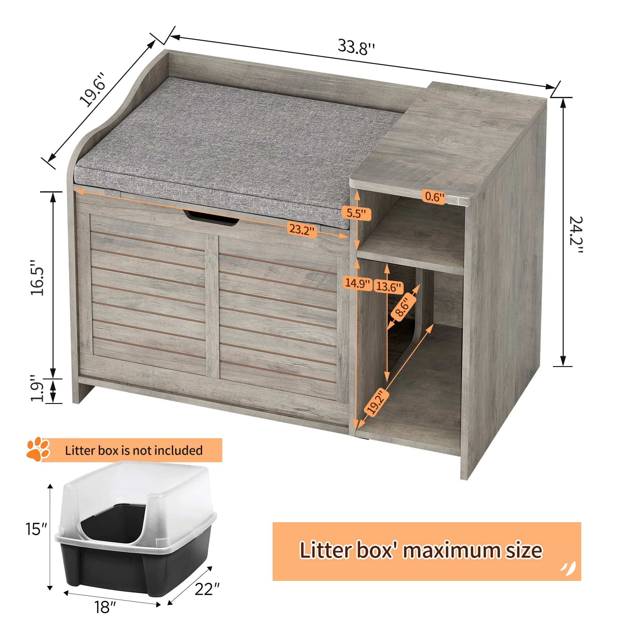 IDEALHOUSE Litter Box Enclosure with Top Opening with Cushion, Cat Litter Box Furniture Hidden, Litter Box Hidden, Cat House, Privacy Cat Litter Box Cabinet