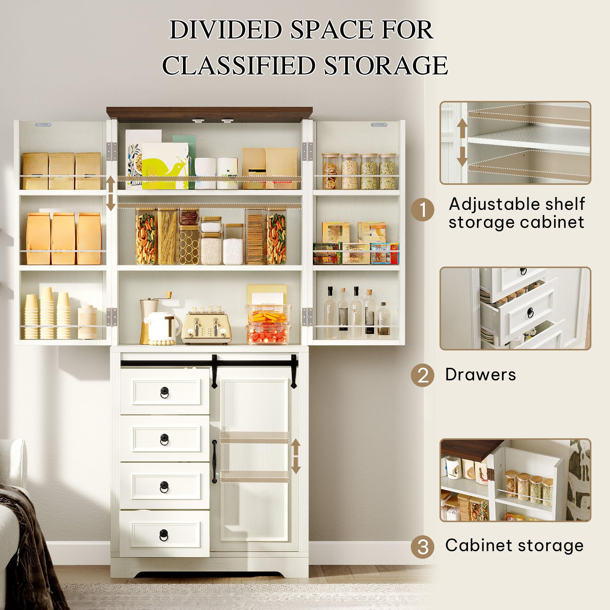 DWVO 71" Kitchen Pantry with Sliding Barn Door & Storage Drawers, Farmhouse Tall Storage Hutch Cabinet with Adjustable Shelves, Versatile Organizers for Living Room, Dining Room, Hallway, Off White