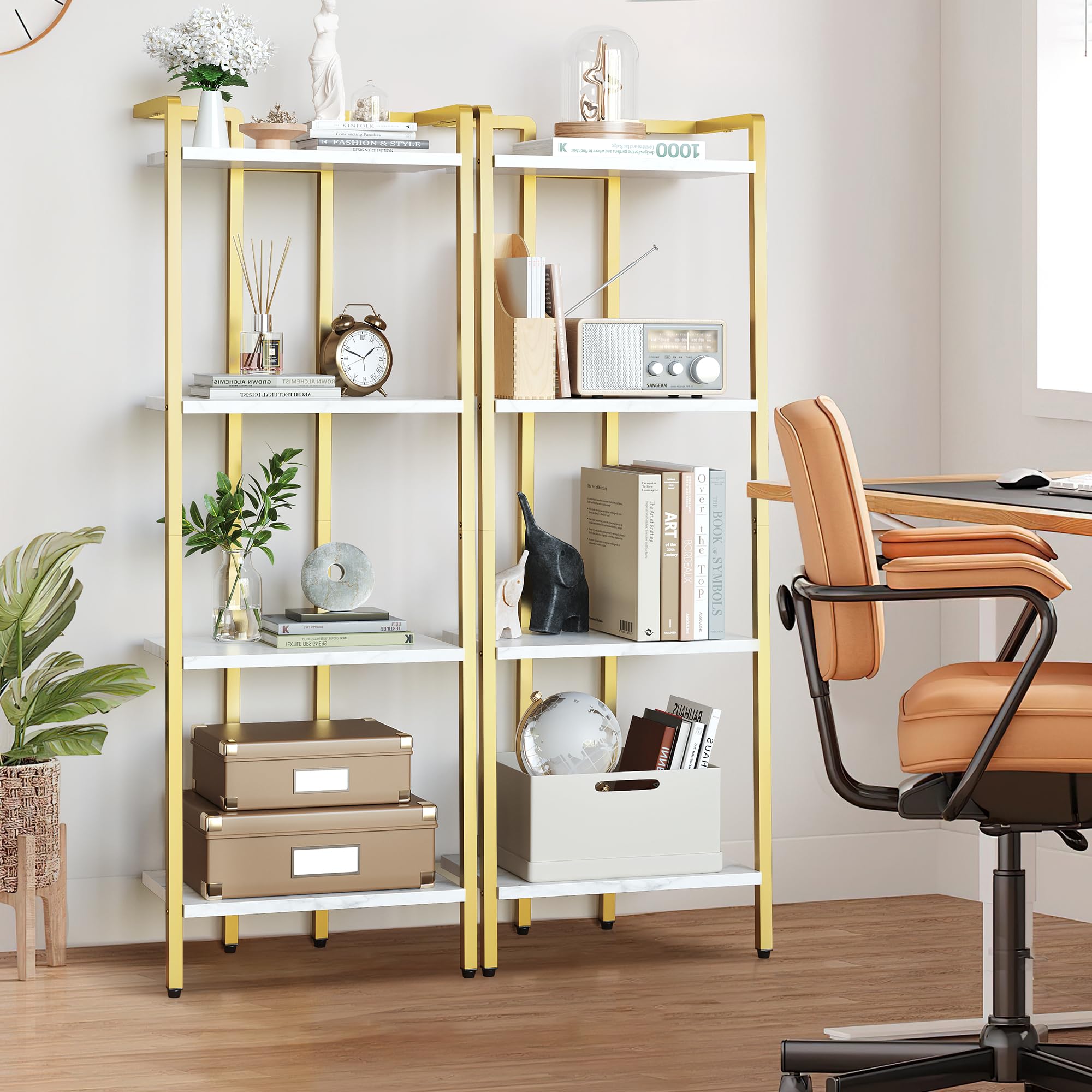 GarveeHome 4 Tier Ladder Shelf, Free Standing Gold Book Shelf, Gold Bookcase with Metal Frame, Display Bookcase, Plant Rack, Accent Furniture for Home Office, White and Golden