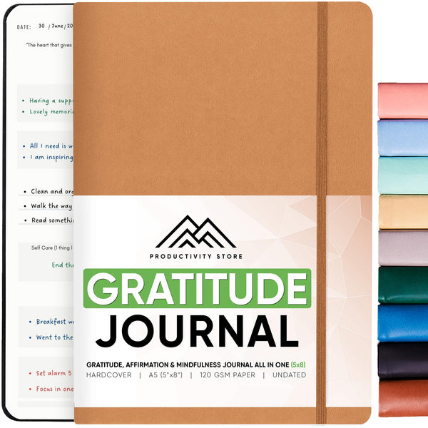 PRODUCTIVITY STORE Gratitude & Self-Care Journal - Guided Mindfulness & Mental Health Journal All-in-One with Prompts for Self Discovery - Daily Journal for Men & Women (A5, Brown)