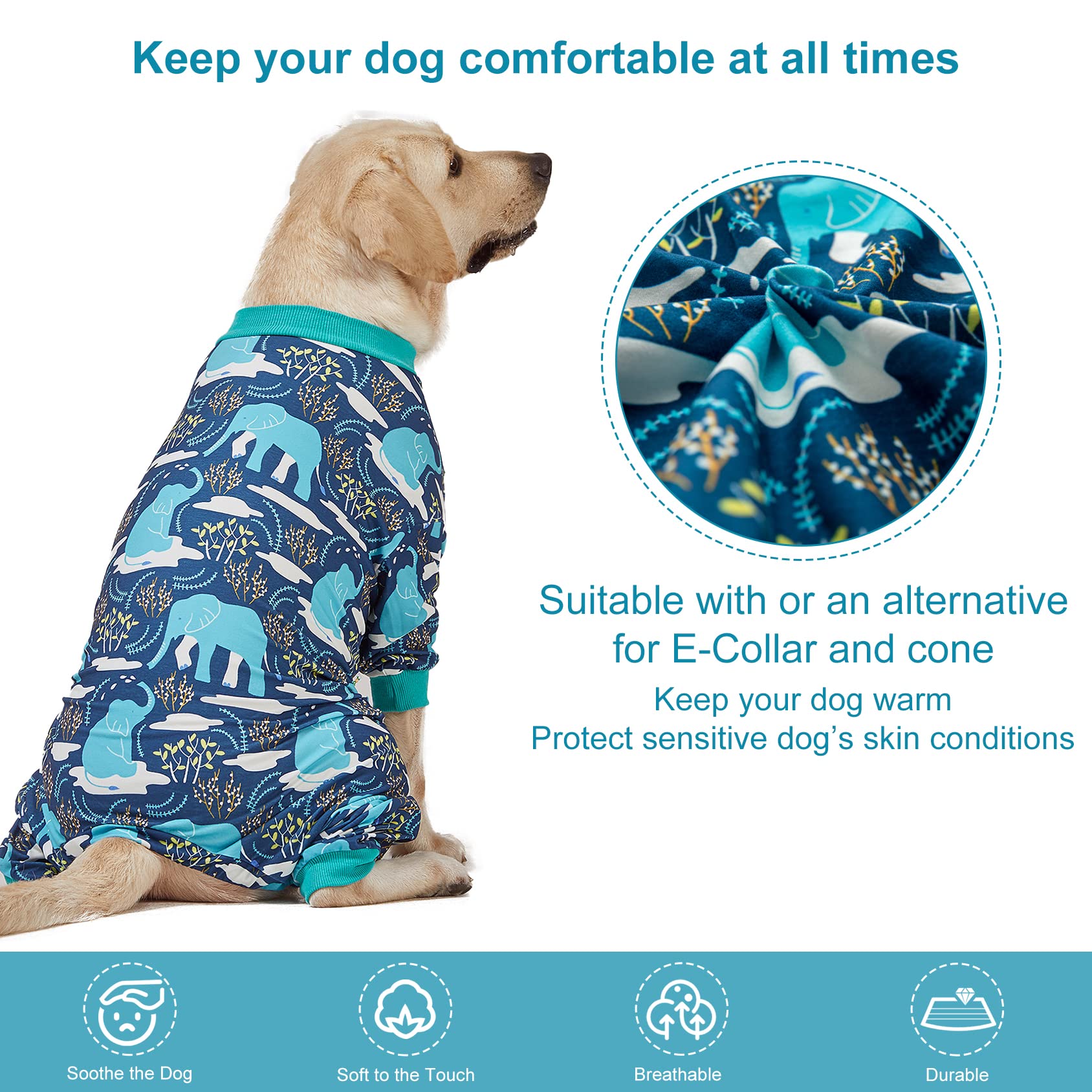 LovinPet Large Dog Clothes, Pet Anxiety Relief, UV Protection, Large Breed Dog Pajamas, Lightweight Stretchy Knit Fabric Onesie, Blue Elephant Print Weimaraner Jammies, Pet PJ's/XXL