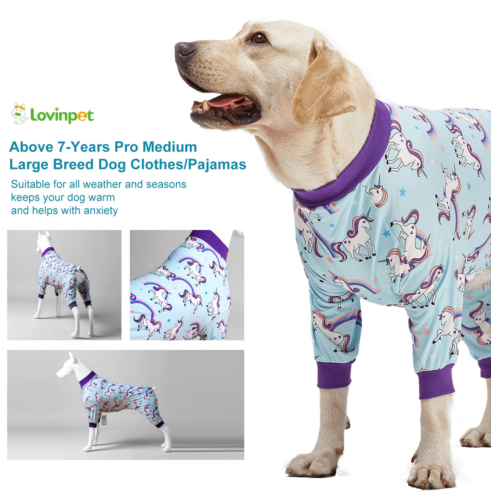 LovinPet Large Dog Pajamas PJS, Wound Care/Post Surgical Recovery Shirt for Big Dogs, Lightweight Stretchy Pullover Dog Onesie, Stop Shedding for Dogs, Magical Unicorn Rainbow Print, Pet PJ's, 2XL