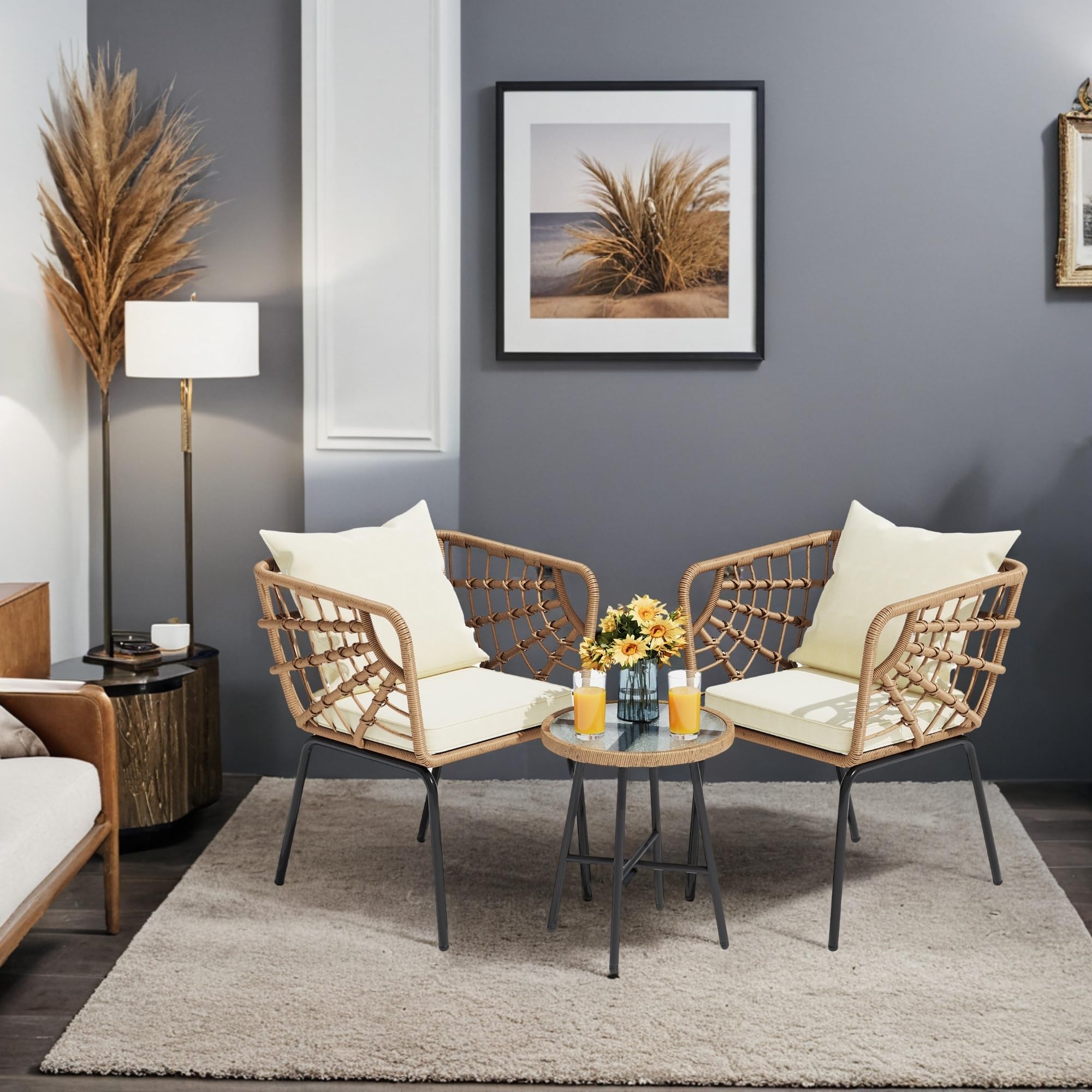 YITAHOME Accent Chairs Set of 2, Wicker Arm Chair with Soft Cushion, Comfy Living Room Chairs Mid-Century Modern Reading Chairs with Side Table for Living Room, Bedroom, Balcony, Beige