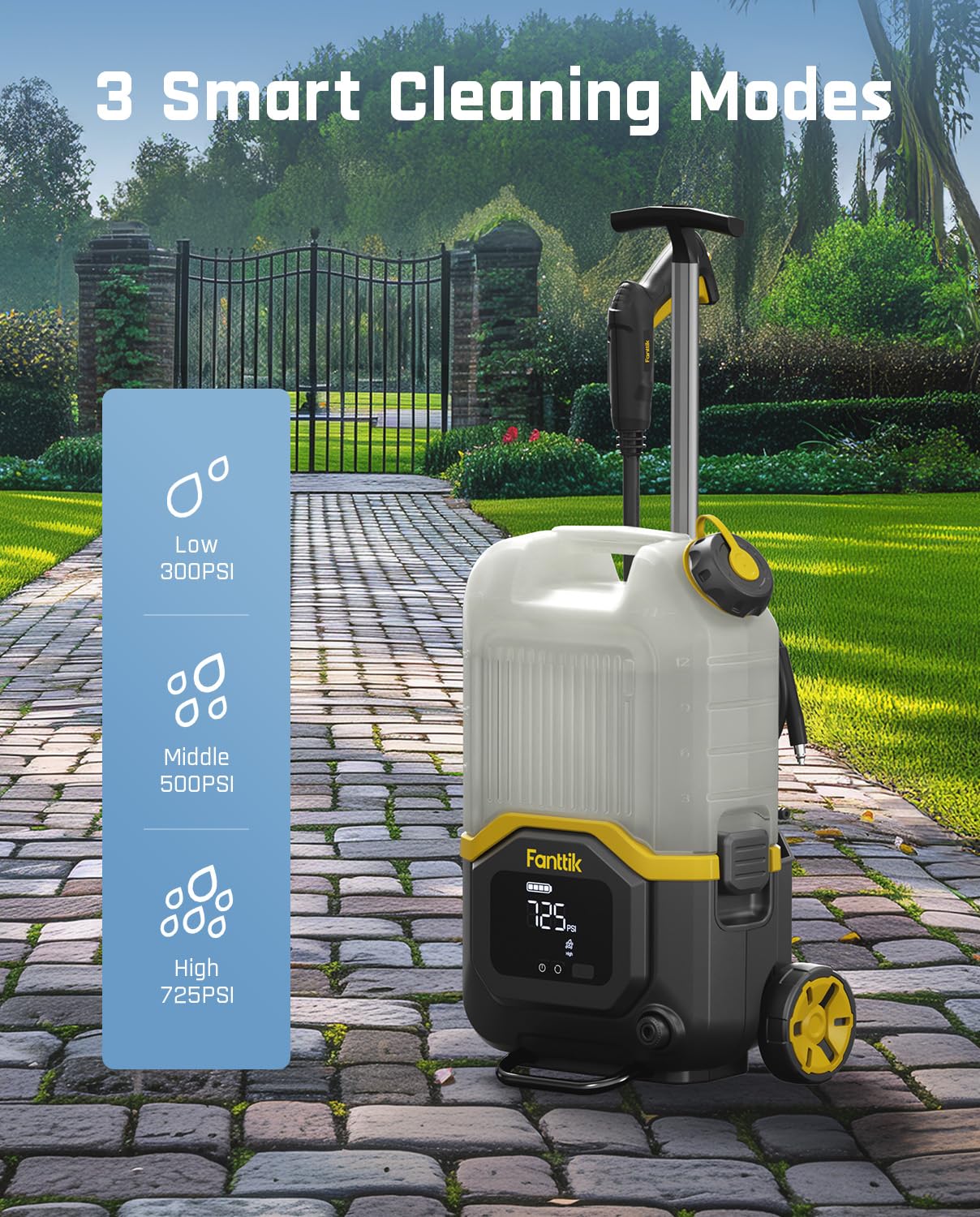 Fanttik NB8 Ultra Cordless Pressure Washer w/4.0 Gal Tank, Max 725PSI Electric Power Washer with 5-in-1 Nozzle, 20FT Hose, Adjustable Pressure, Power Cleaning for Car Washing, Patio