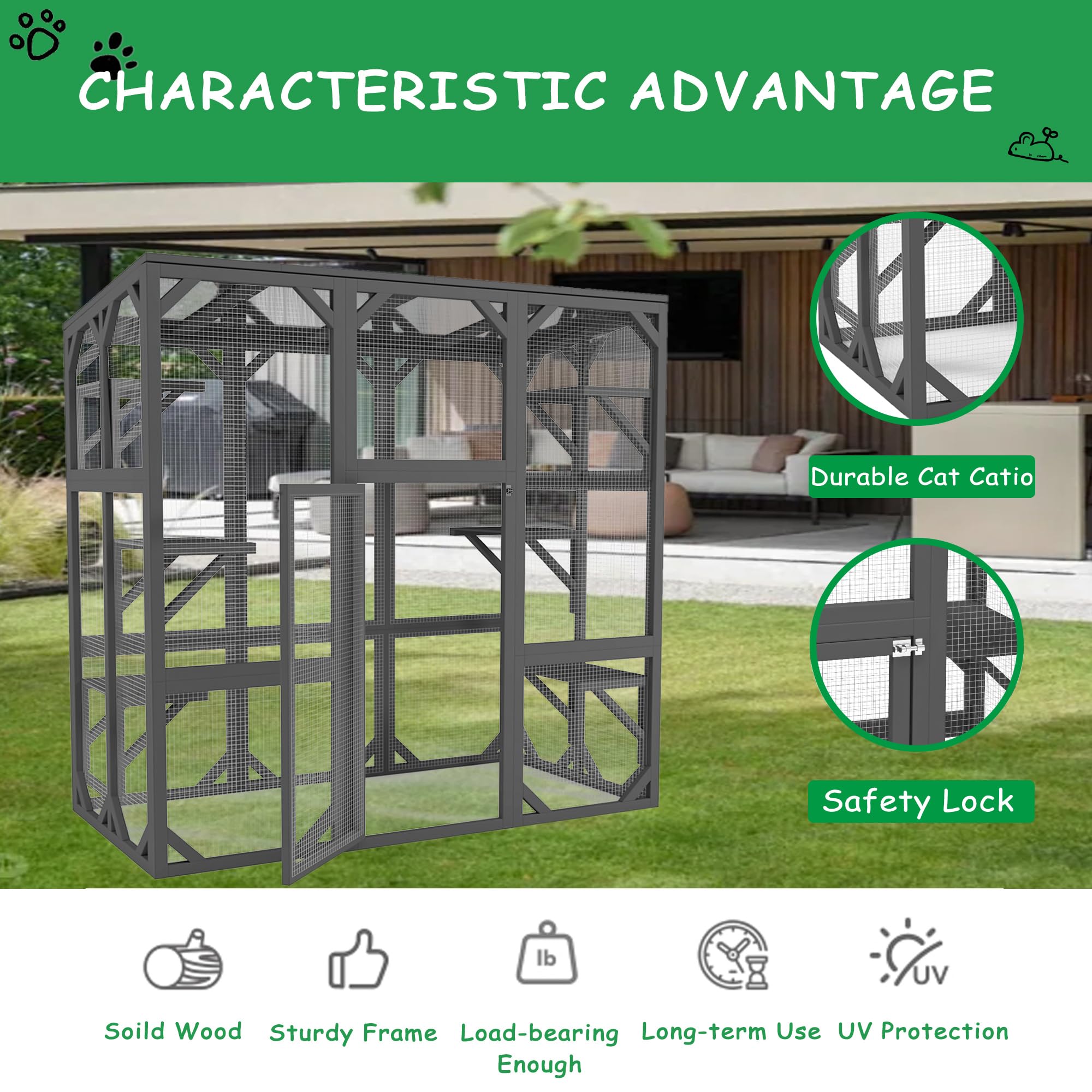 Wooden Window Catio Outdoor Cat Enclosure, Large Feral Cat Shelter for Mulitiple Cats, Walk in Cage with 6 Platforms, Outside Cats Patio Enclosure Weatherproof Roof Gray
