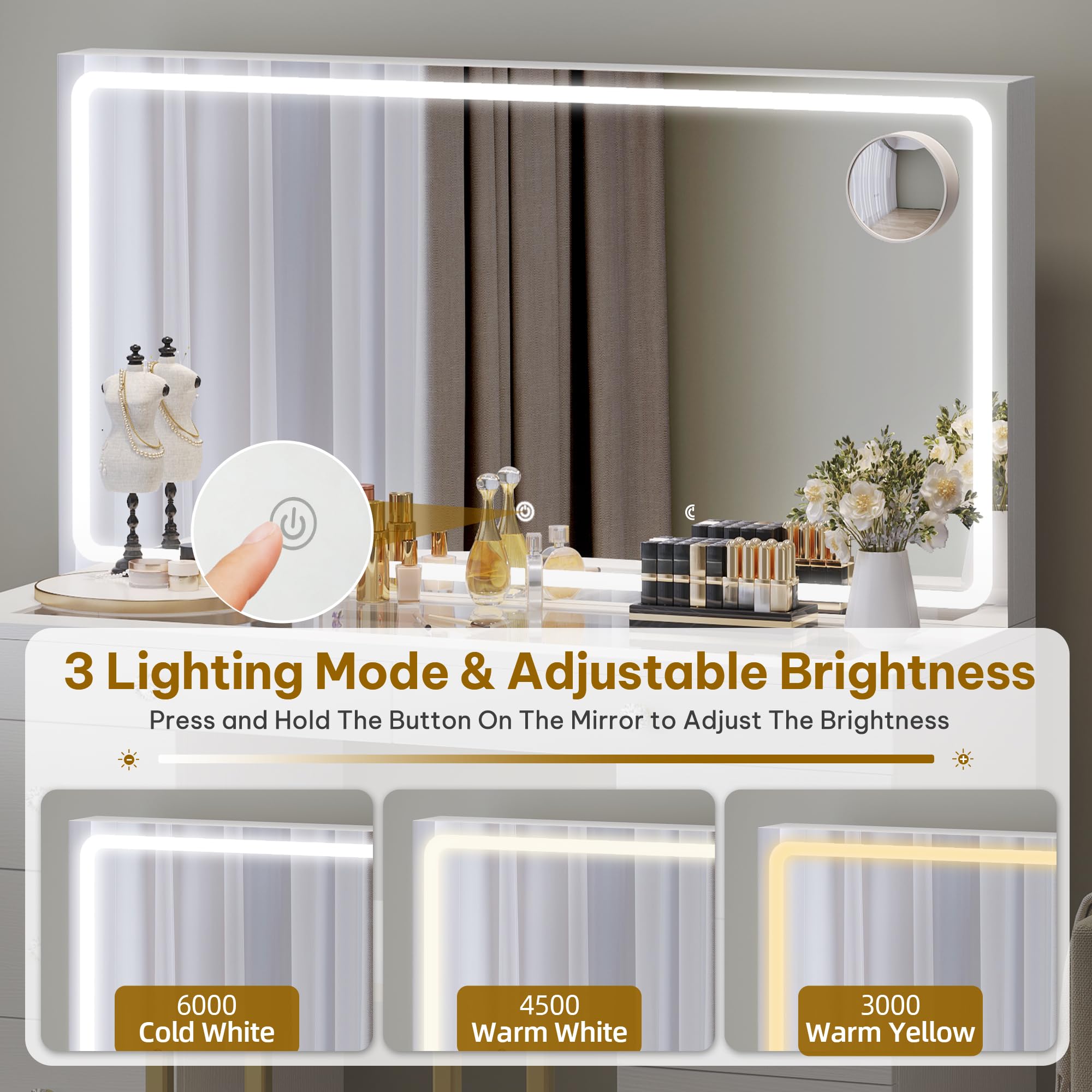 YITAHOME Vanity Desk with Mirror, Power Outlet and Magnifying Glass, Dressing Table Set with Chair, Makeup Vanity Table with Stool, 8 Drawers, Adjustable 3 Lighting Colors, White