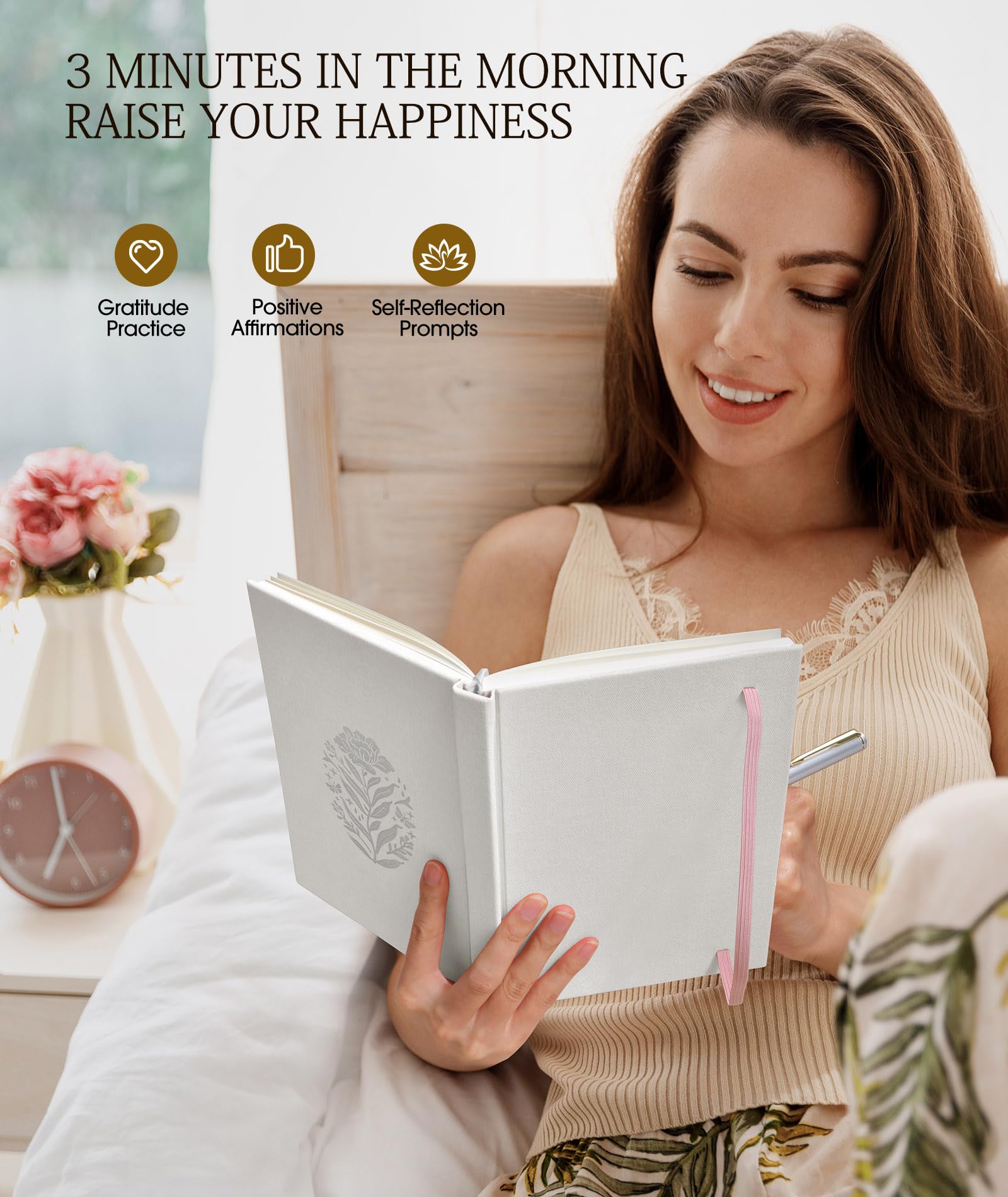 Gratitude Journal Notebook for Women, Guided Journal with Prompts, White Daily Gratitude Journal for Happiness, Affirmation, Mindfulness Through Daily Reflections Journal(8.5‘’x5.5‘’)