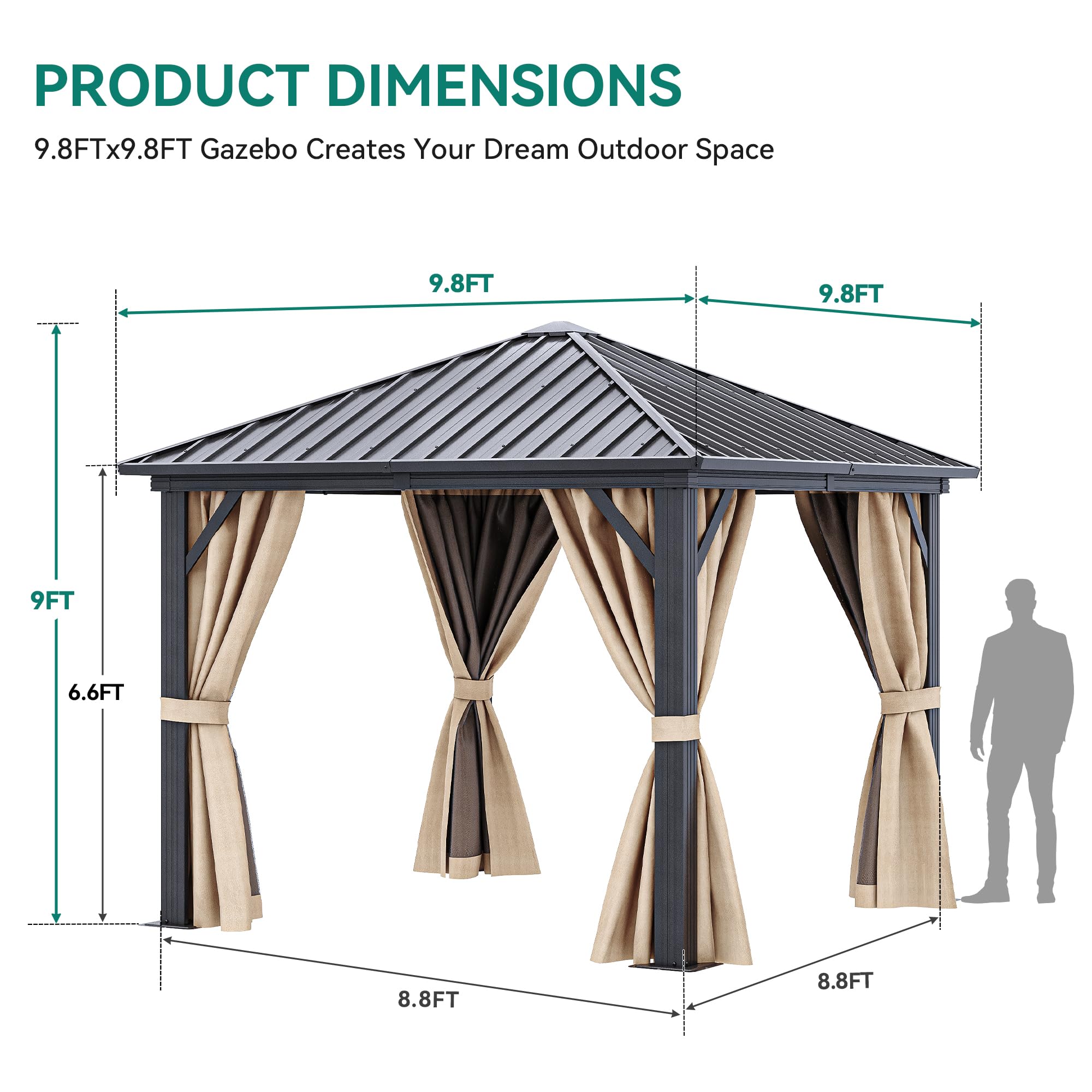 YITAHOME 10X10FT Metal Hardtop Gazebo Outdoor Patio Single Top Canopy Galvanized Iron Aluminum Column Garden Tent Curtains Netting for Backyards Decks Lawns,Brown