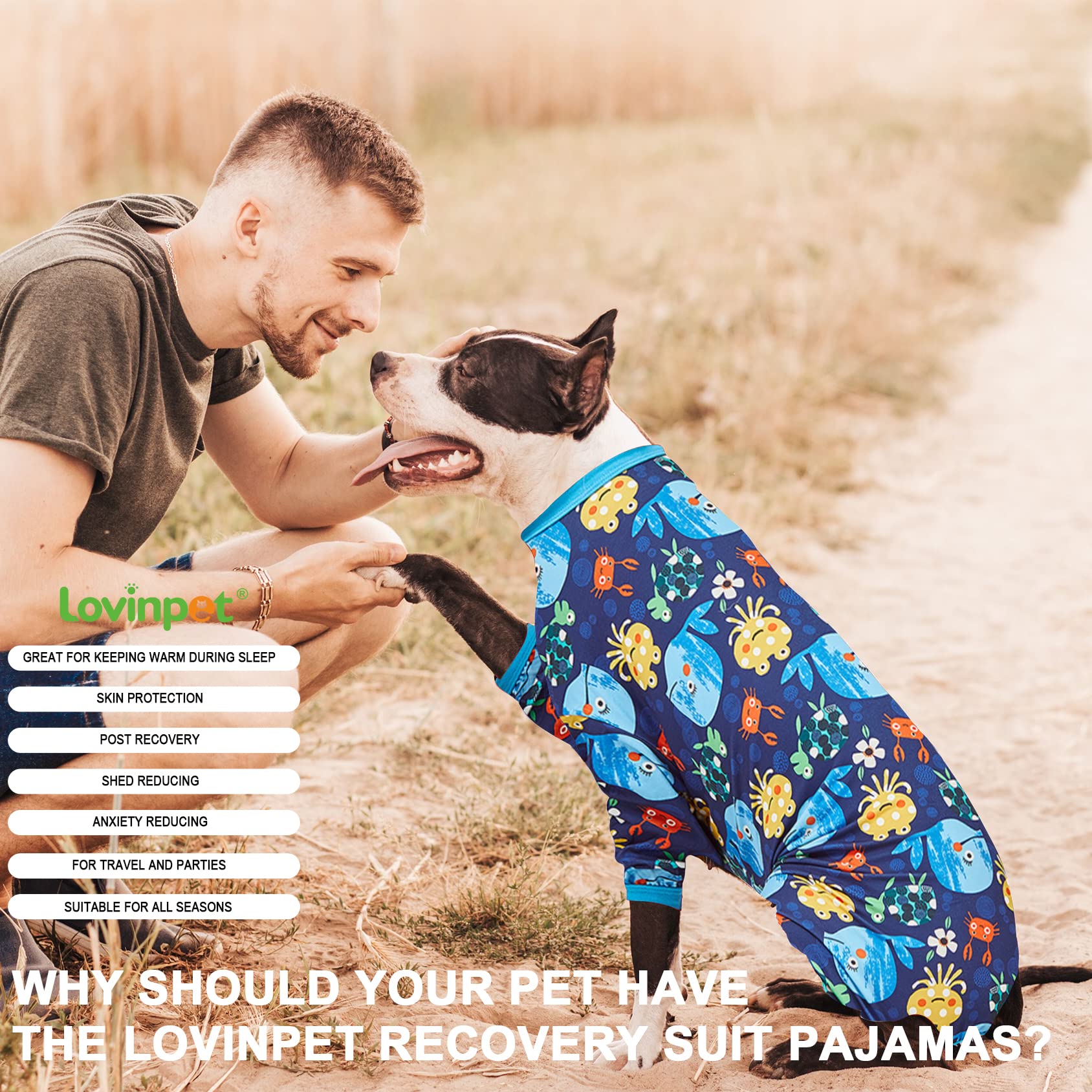 LovinPet Pajamas for Large Dogs, Lightweight Stretch Knit Pullover Dog Shirt, Marine Life Print, Pet Pajamas for Dogs, Large Breed Dog Jammie, PJ's for Pitbulls, Pet PJ's, L
