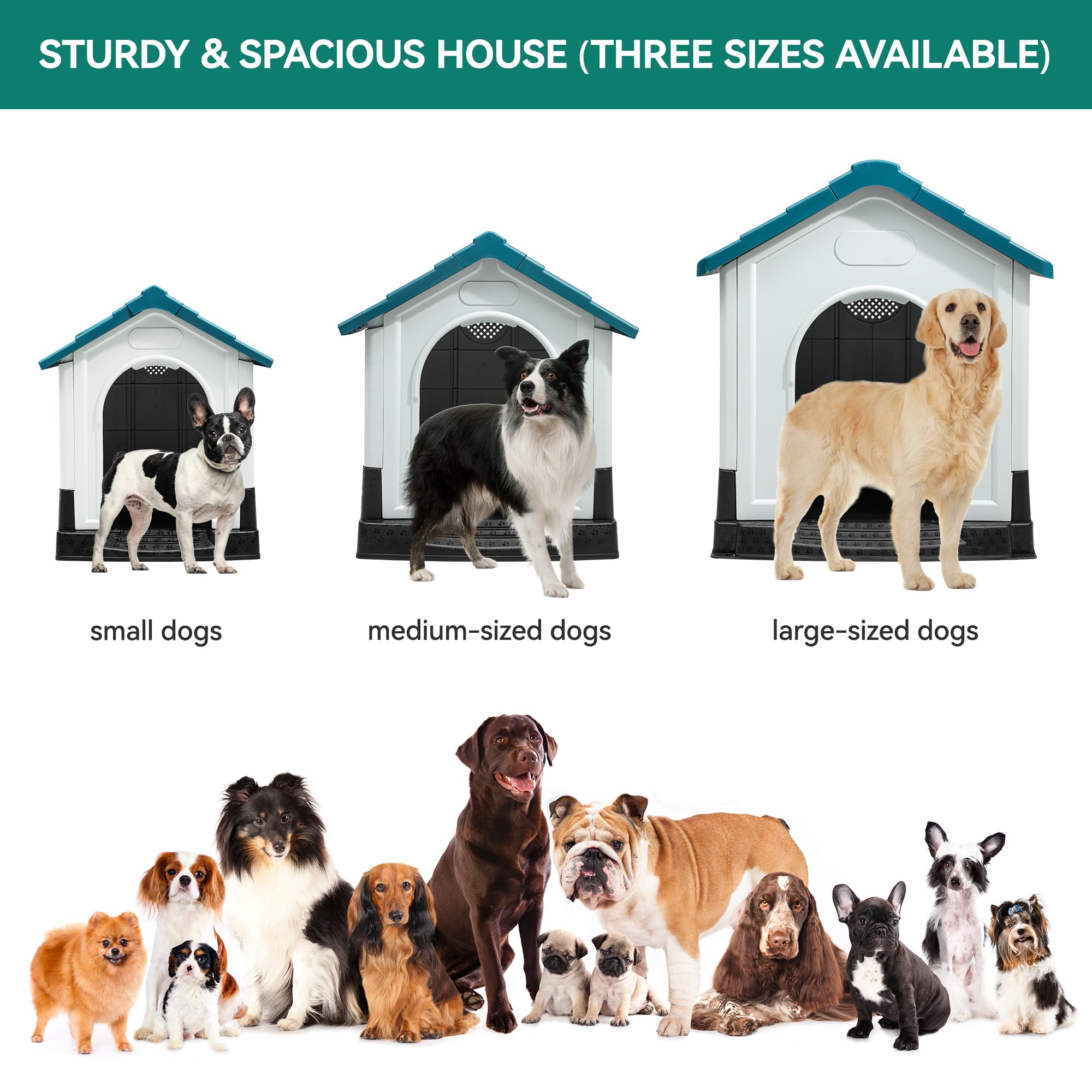 YITAHOME 26.8'' Folding Large Dog House Outdoor Plastic Doghouse with Adjustable Skylight and Elevated Base Water Resistant Pet House for Small Dogs (26.8''L*22.4''W*26''H)