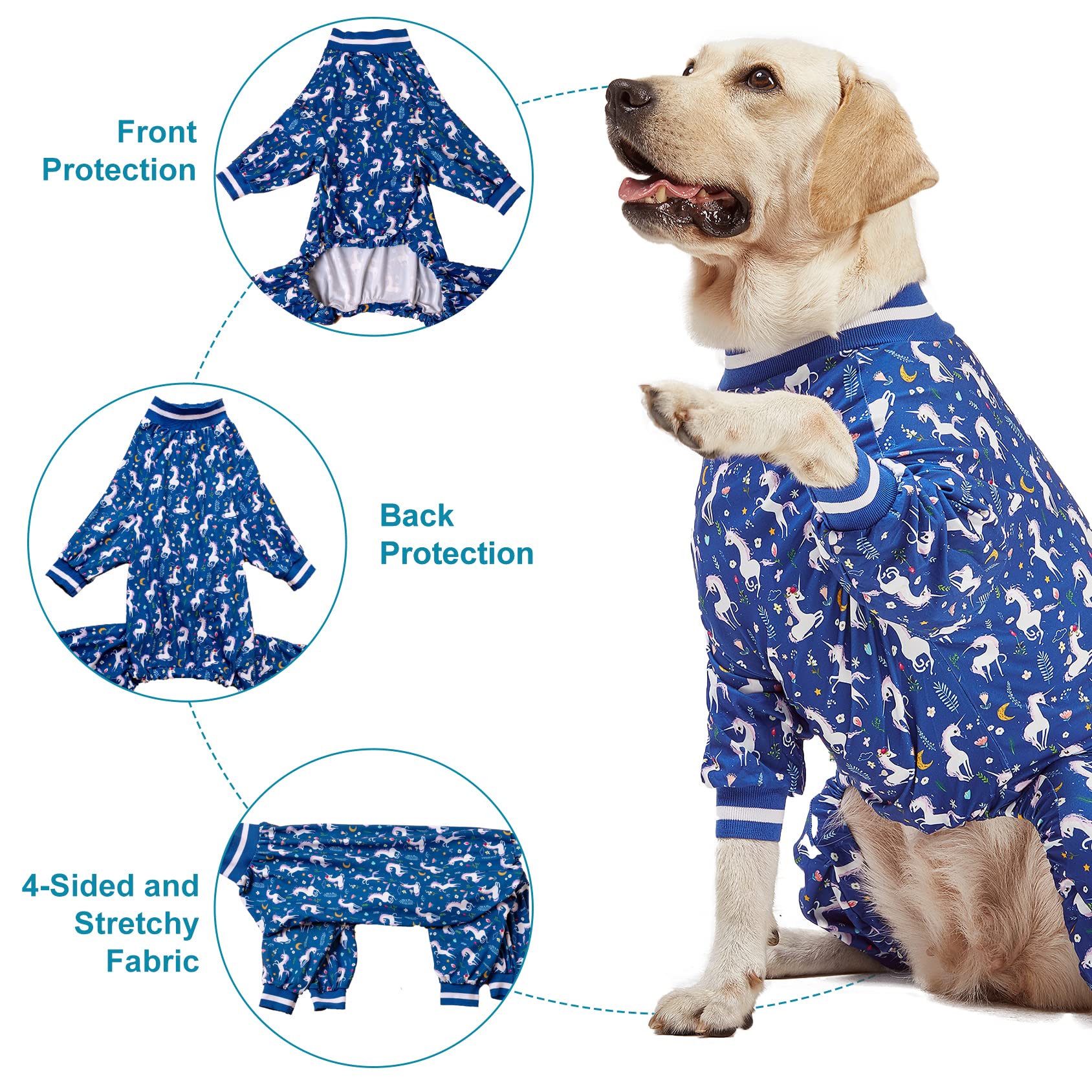 LovinPet Large Dog PJS Clothes: Wound Care/Post Surgery Mastiff Shirt, Lightweight Stretchy Knit Dog Pajamas, Mermaids & Unicorns Blue and White Print, Mastiff Pajamas, Pet PJ's/L