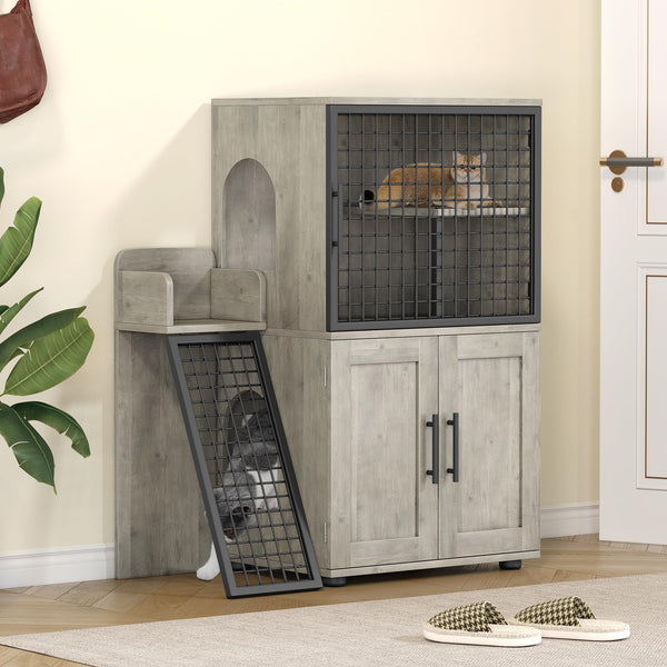 IDEALHOUSE Modern Cat Litter Box Enclosure with Platform, Double Layer Hidden Litter Box, Indoor Washroom, Villa Cat House with Ladder, 33.5