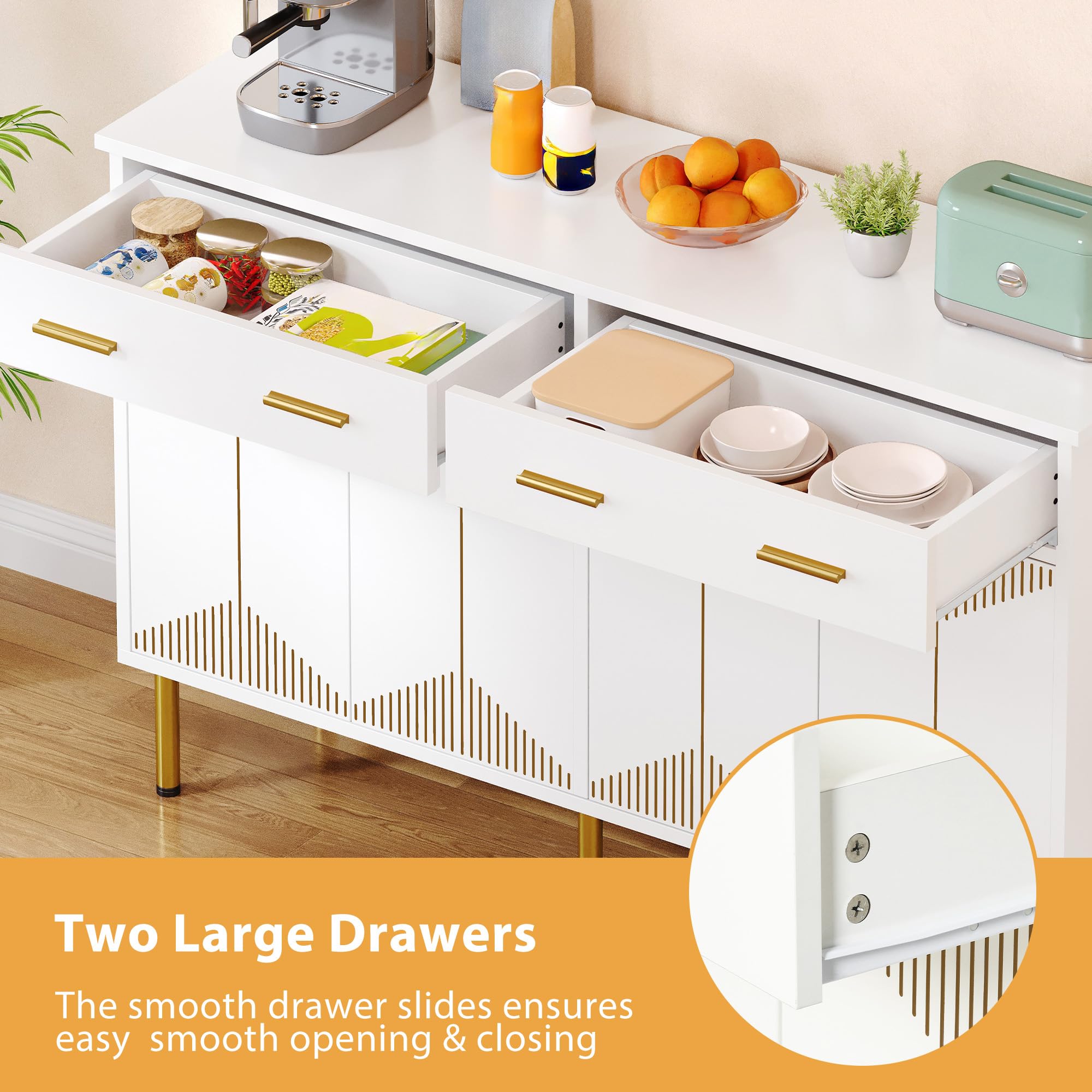 DWVO 55" Sideboard Buffet Cabinet with Storage, Modern Kitchen Storage Cabinet with Doors and Drawers for Hallway, Kitchen or Living Room, White/Gold