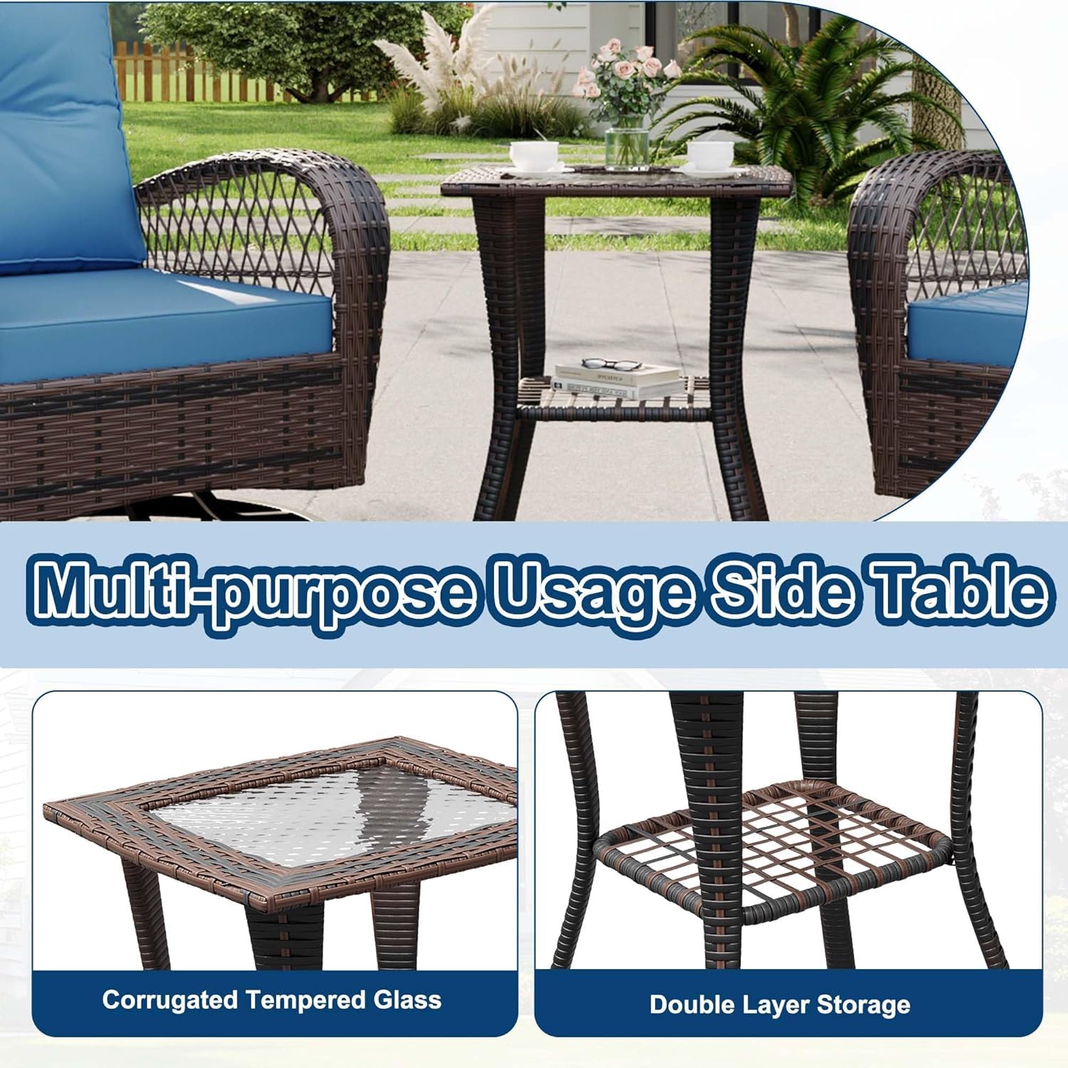 3-Piece Swivel Rocking Patio Chairs Set with 2 360-Degree Swivel Rocking Chairs and Tempered Glass Top Side Tabl, Outdoor Wicker Patio Bistro Set With Thickened Cushions for Poolside/Garden/Deck（Blue）