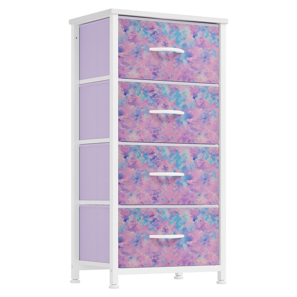 DWVO Dresser with 4 Drawers - Storage Tower Unit, Dresser for Room, Living Room, Closets - Sturdy Steel Frame, Wooden Top & Easy Pull Fabric Bins, Tie-dye Purple