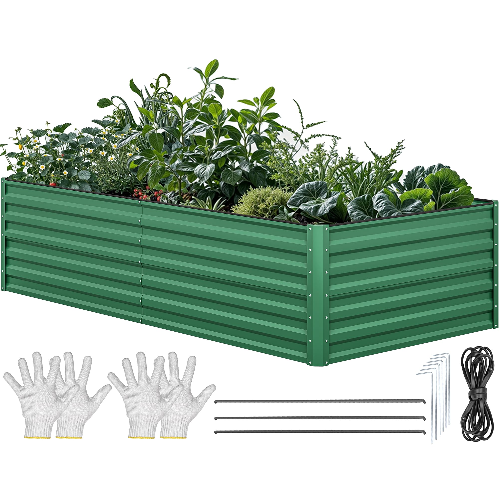 YITAHOME 8x4x2ft Large Raised Garden Bed Kit, Galvanized Metal Planter Box with Gloves, Ground Nails, Support Rod & Safety Rubber, Outdoor Above Ground Planters for Plants Vegetables Flowers, Green