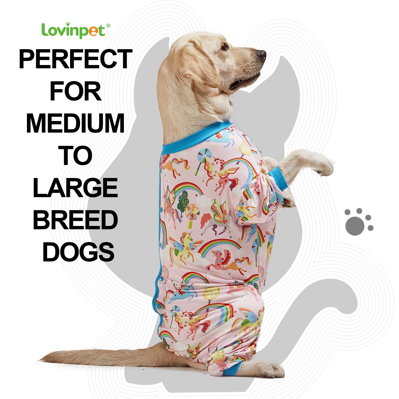 LovinPet Large Dog Pajamas Onesie, Magic Rainbow Shine Pink Print, Lightweight Stretchy Knit Pullover Large Puppy Pajamas, Pjs for Pitbulls, Stop Shedding for Dogs, Pet PJ's, M