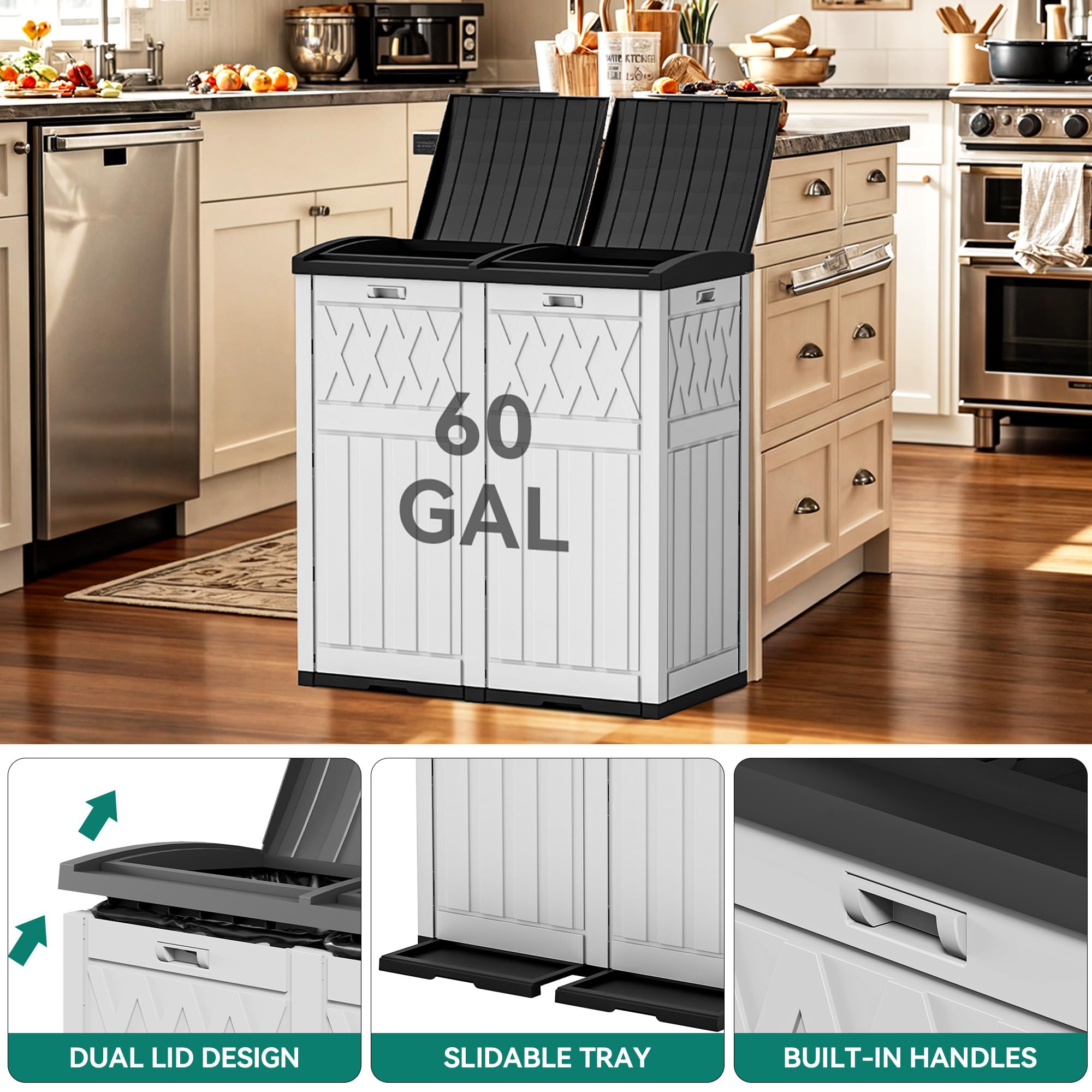 YITAHOME 76 Gallon Dual Compartment Outdoor Trash Can, Resin-Based with Layered Lid and Drip Tray, Waterproof Garbage Bin, Black + White