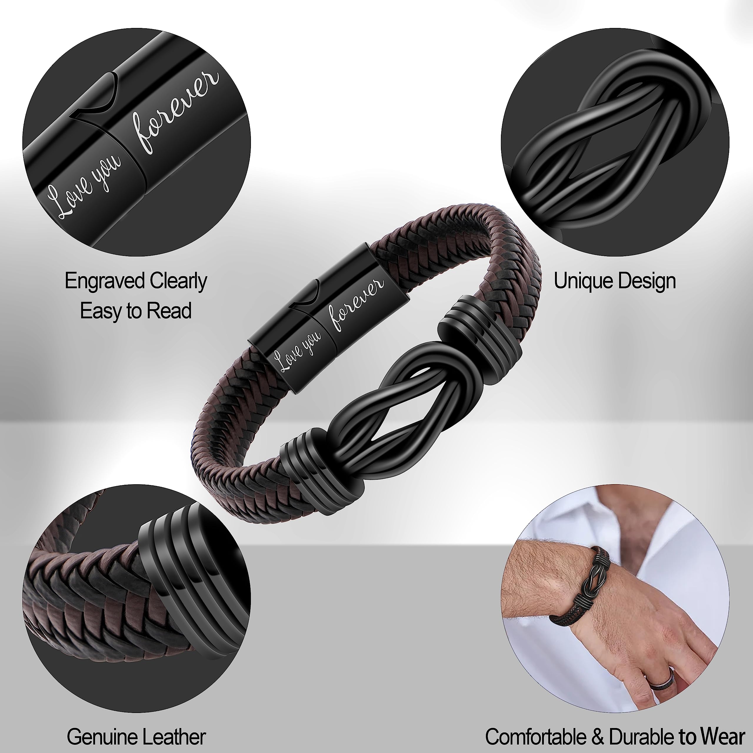 Gift for Men Infinity Bracelet for Men Dad Husband Boyfriend Son Grandson Brother Nephew Uncle Brown Braided Leather Forever Linked Together Stainless Steel Engraved with Love You Forever Jewelry