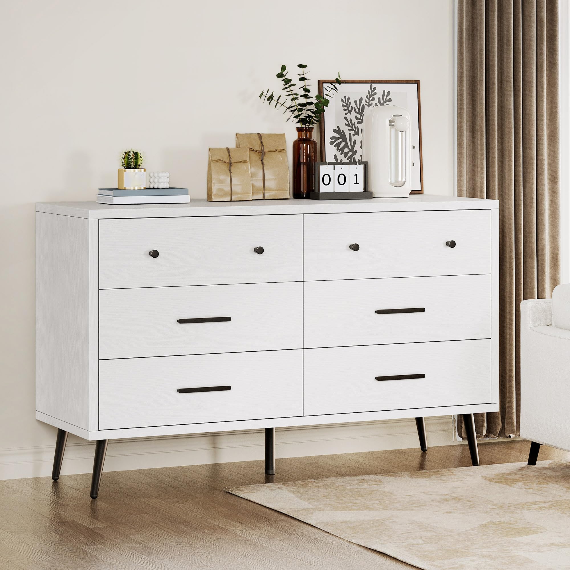 DWVO White 6 Drawers Dresser, Modern Wood Dresser Chest of Drawers with Black Metal Handle ＆ Anti-Tipping Device, Modern Storage Cabinet for Hallway, Entryway, Living Room