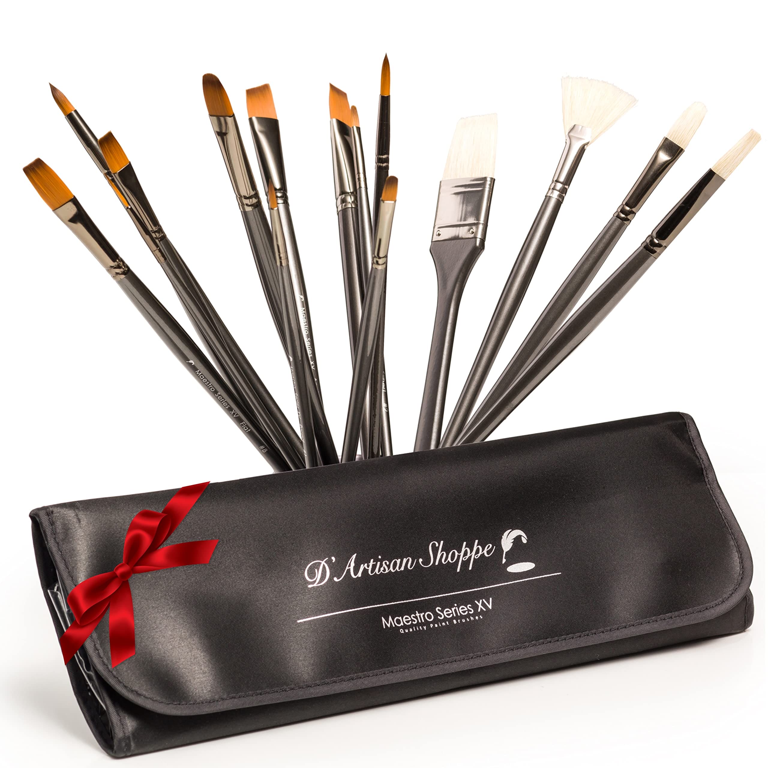Professional Paint Brushes Set. Artist Paint Brush for Oil, Acrylic Painting on Canvas, Watercolor, Gouache. 15pc Travel Bag Brush Holder
